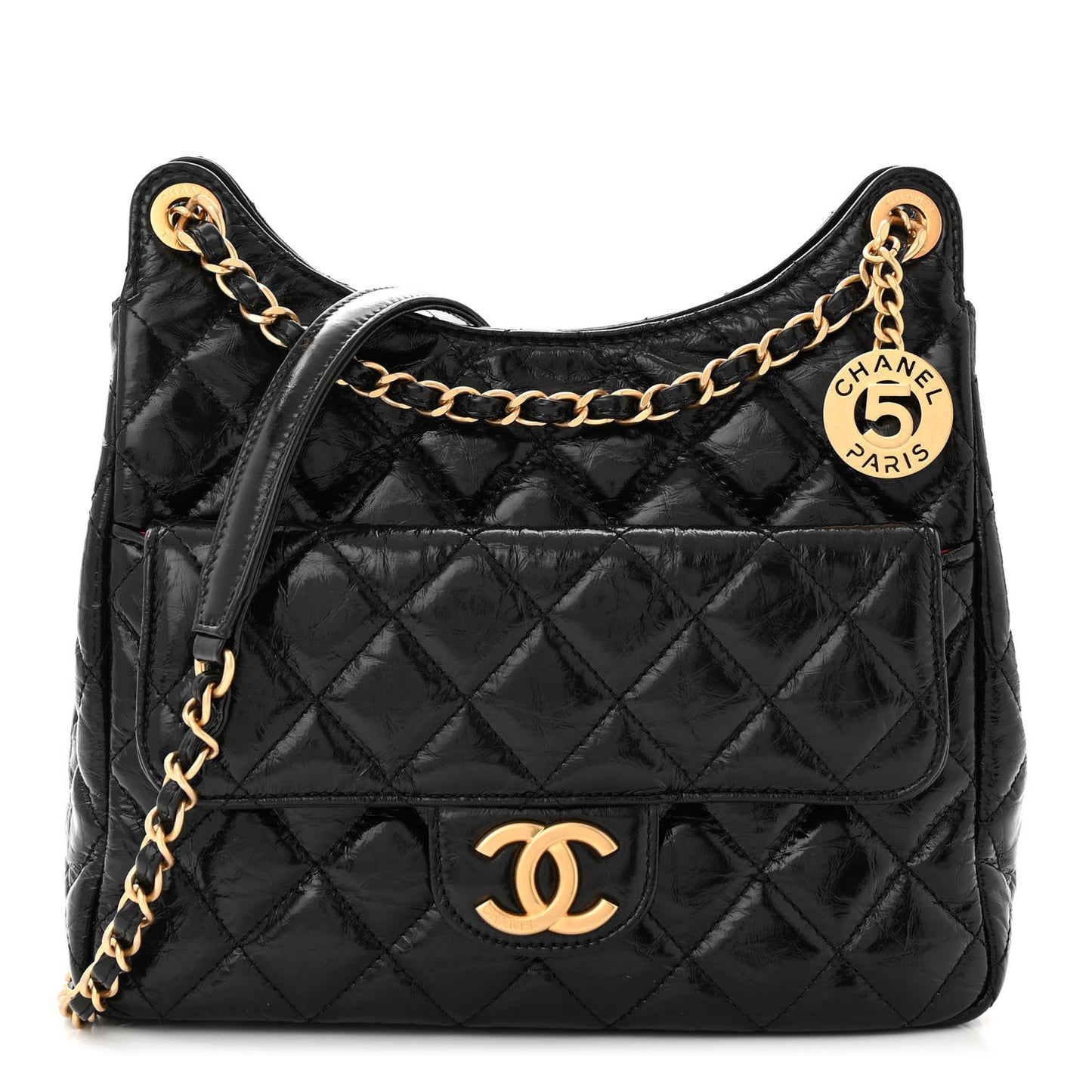 Shiny Crumpled Calfskin Quilted Wavy CC Hobo Black