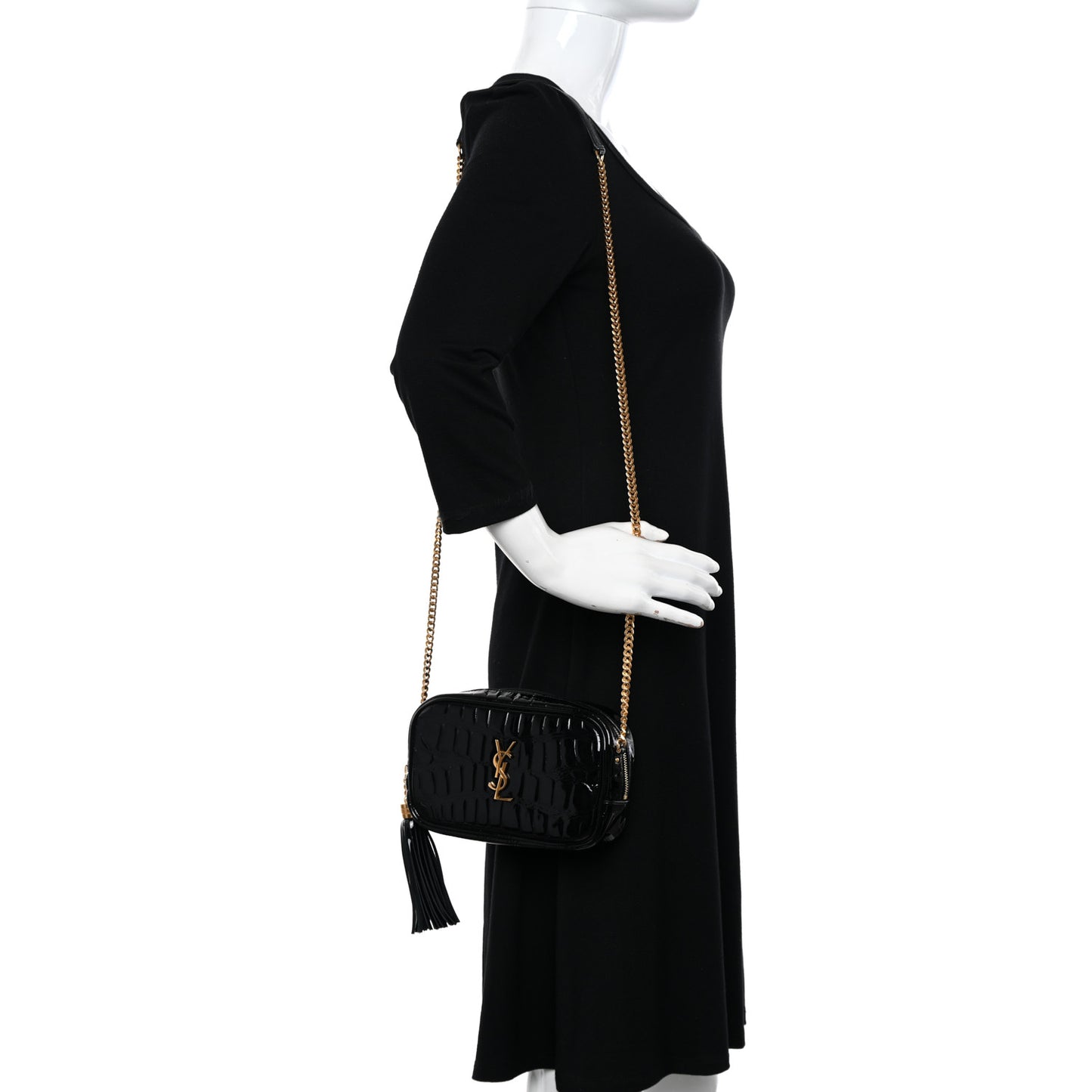 Patent Calfskin Crocodile Embossed Monogram Mini Lou Camera Bag Black