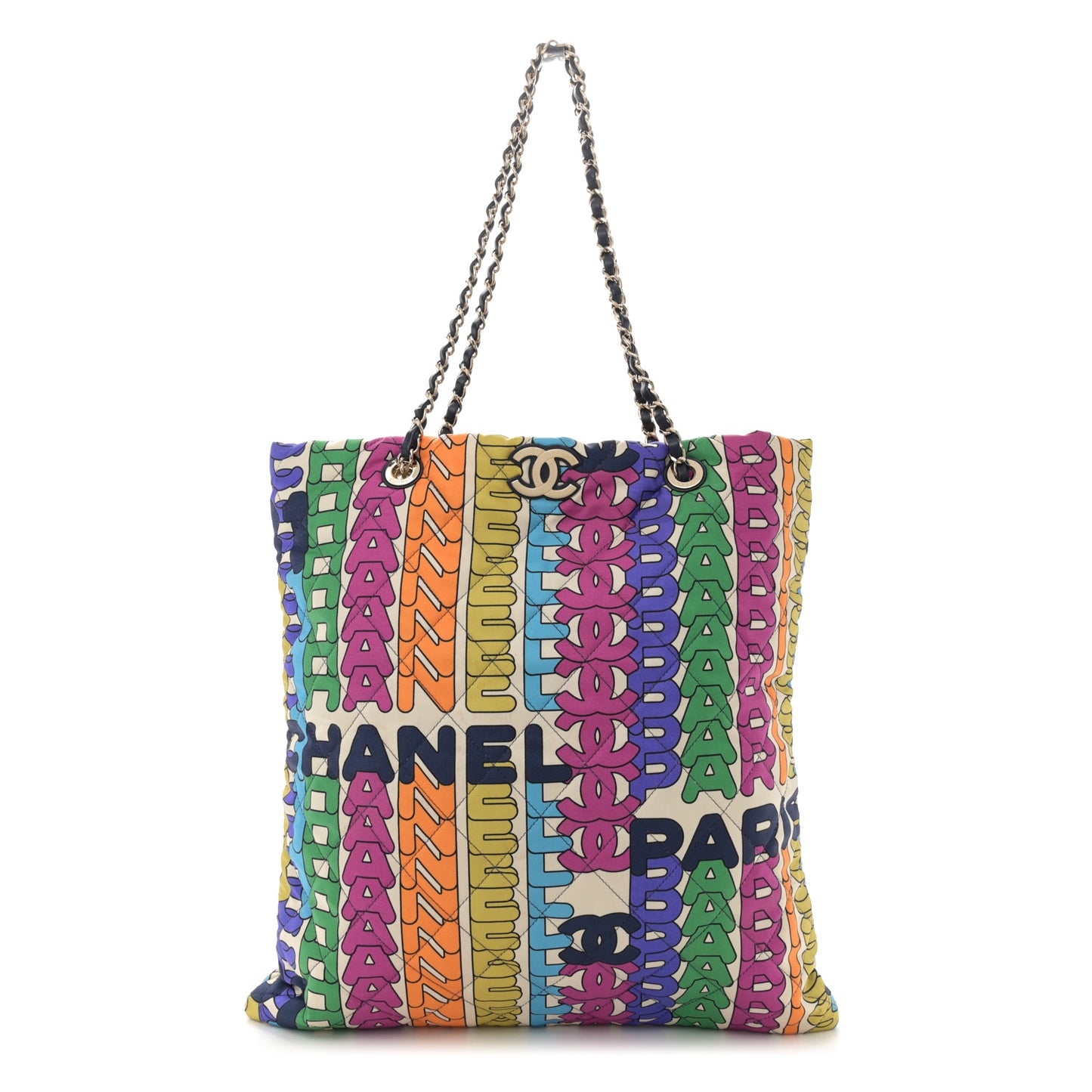Printed Fabric Quilted Logo Large Shopping Tote Multicolor