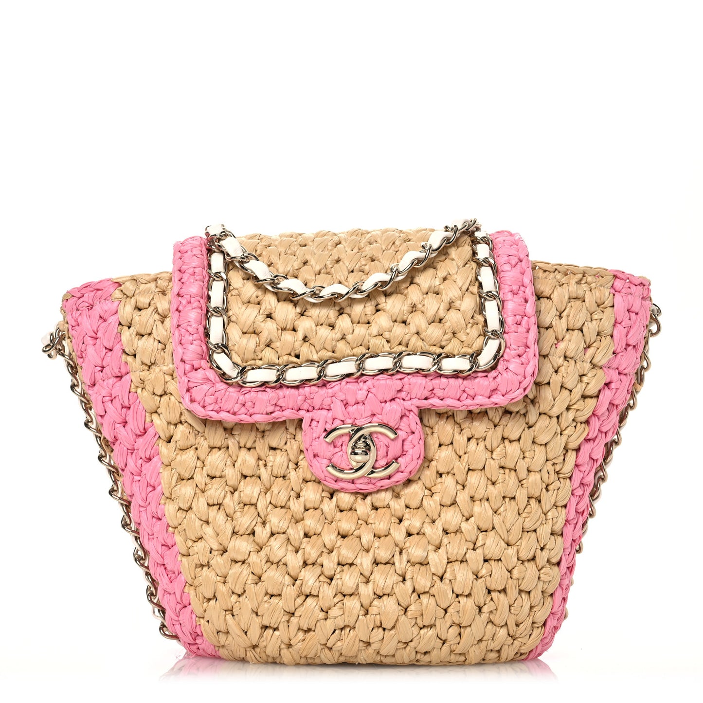 Raffia Chain Venice Beach Basket Flap Bag Beige Pink