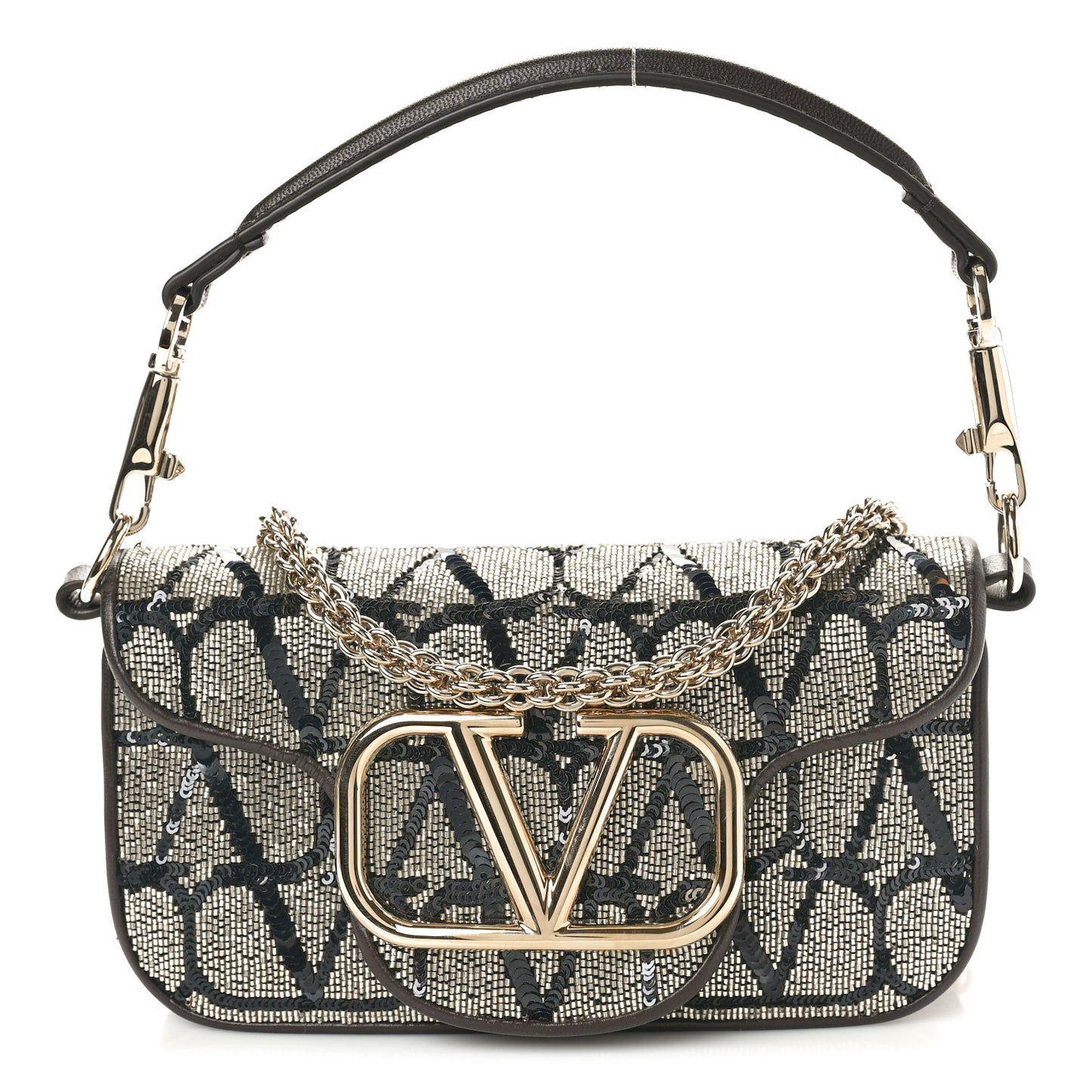 Sequins Toile Iconographe Calfskin Beaded Vlogo Small Loco Shoulder Bag Argento Black Fondant