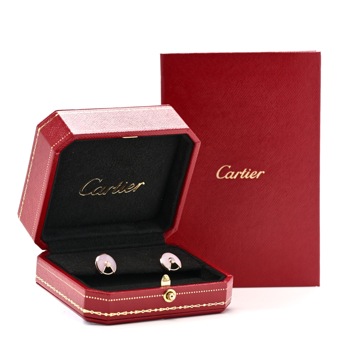 18K Pink Gold Diamond Pink Opal Amulette de Cartier Earrings