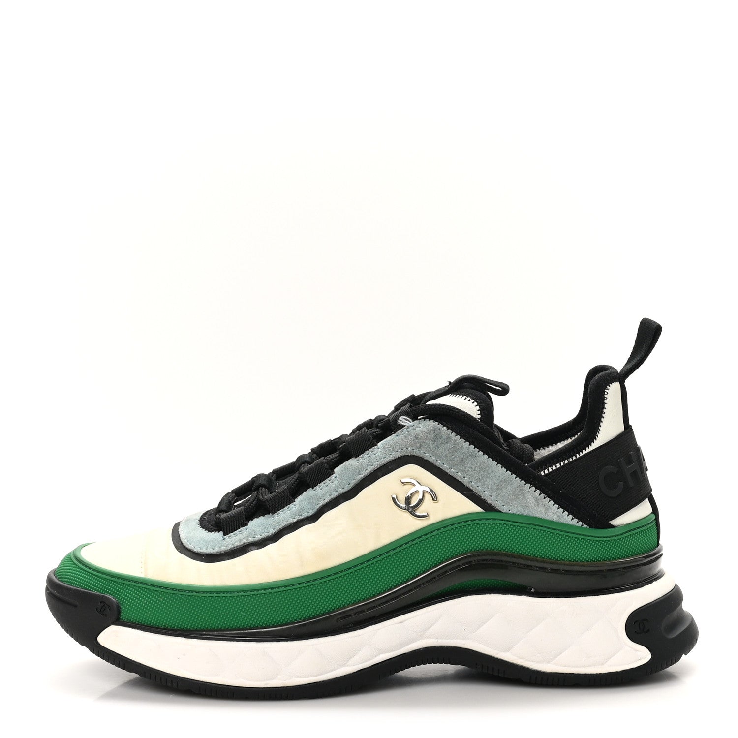 Chanel Suede Calfskin Mixed Fibers CC Sneakers 38 Ivory Green