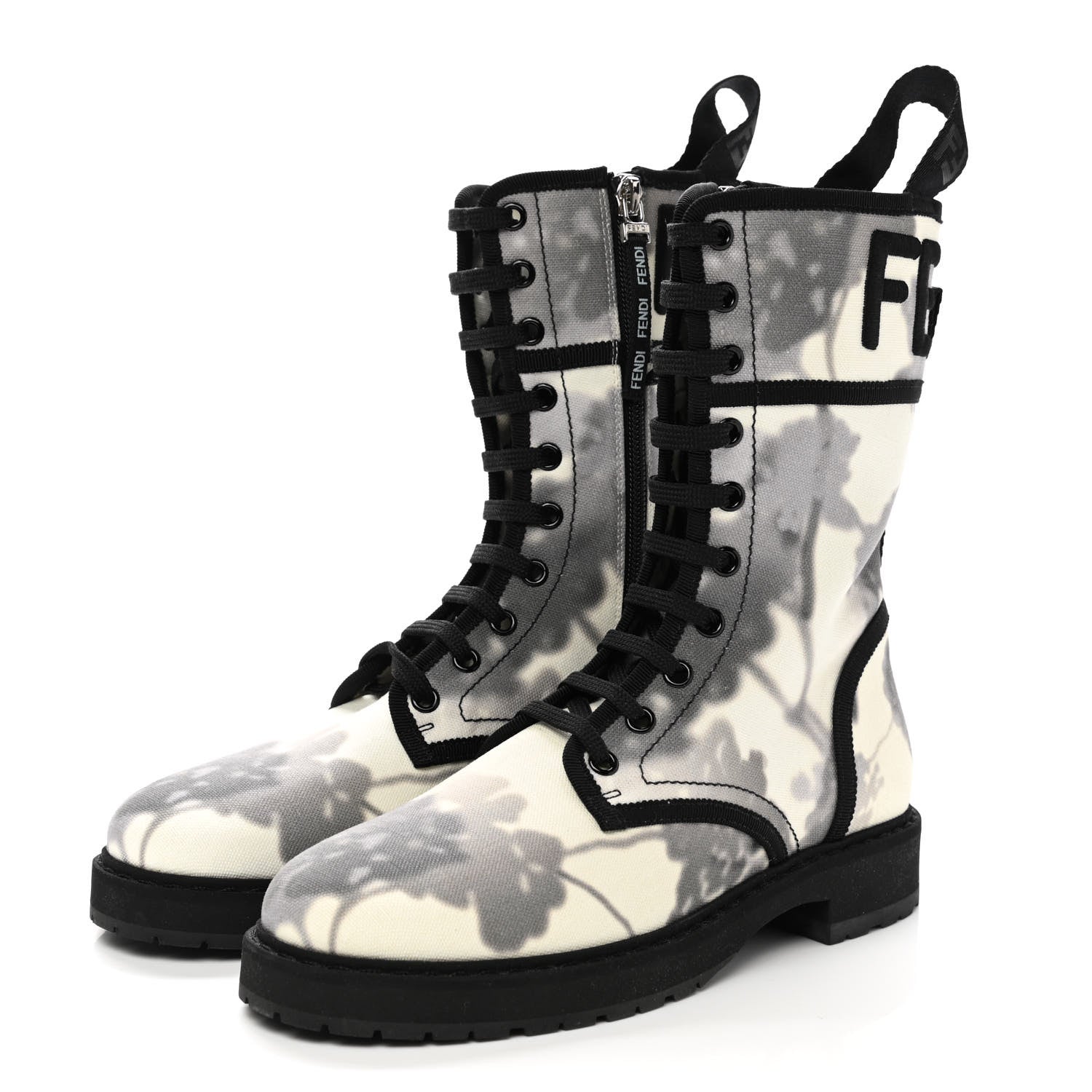 Fendi Canvas Floral Print Logo Bi-Color Womens Biker Boots 37 White Black 3 of 8