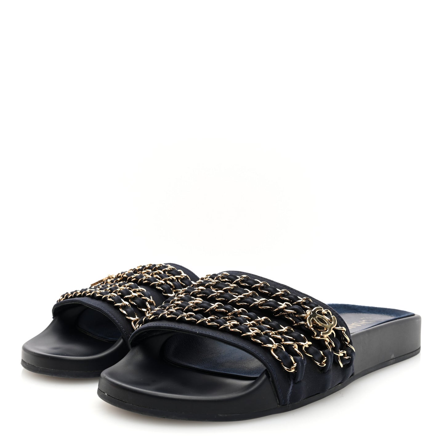 Satin Canvas Chain Slides Sandals Flats 39 Marine