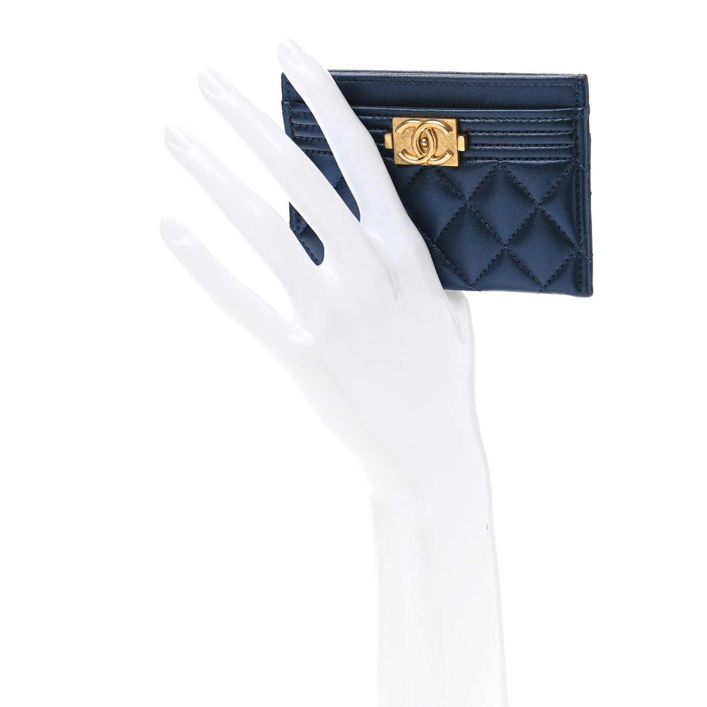 Metallic Lambskin Quilted Boy Card Holder Navy Blue