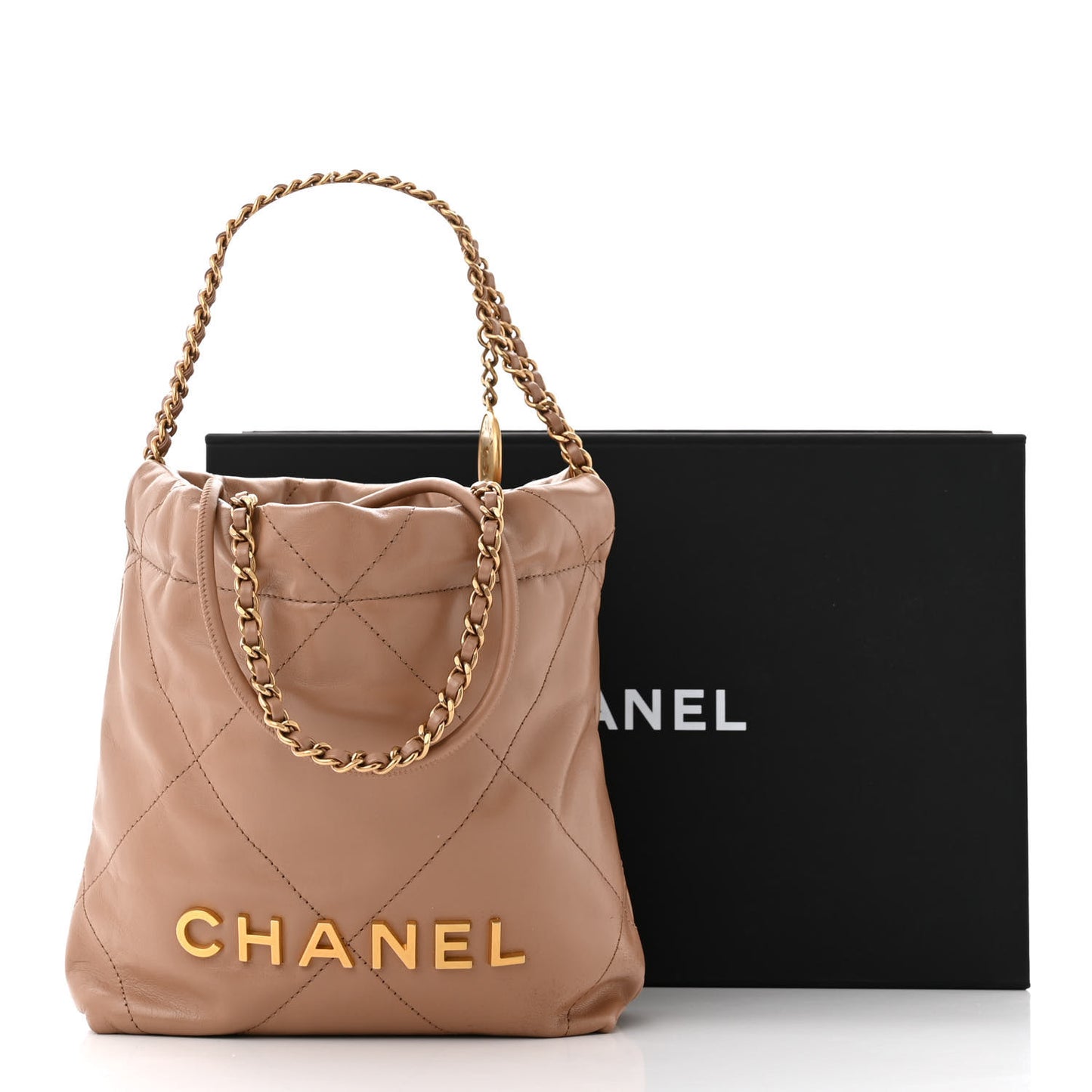 Shiny Calfskin Quilted Mini Chanel 22 Dark Beige