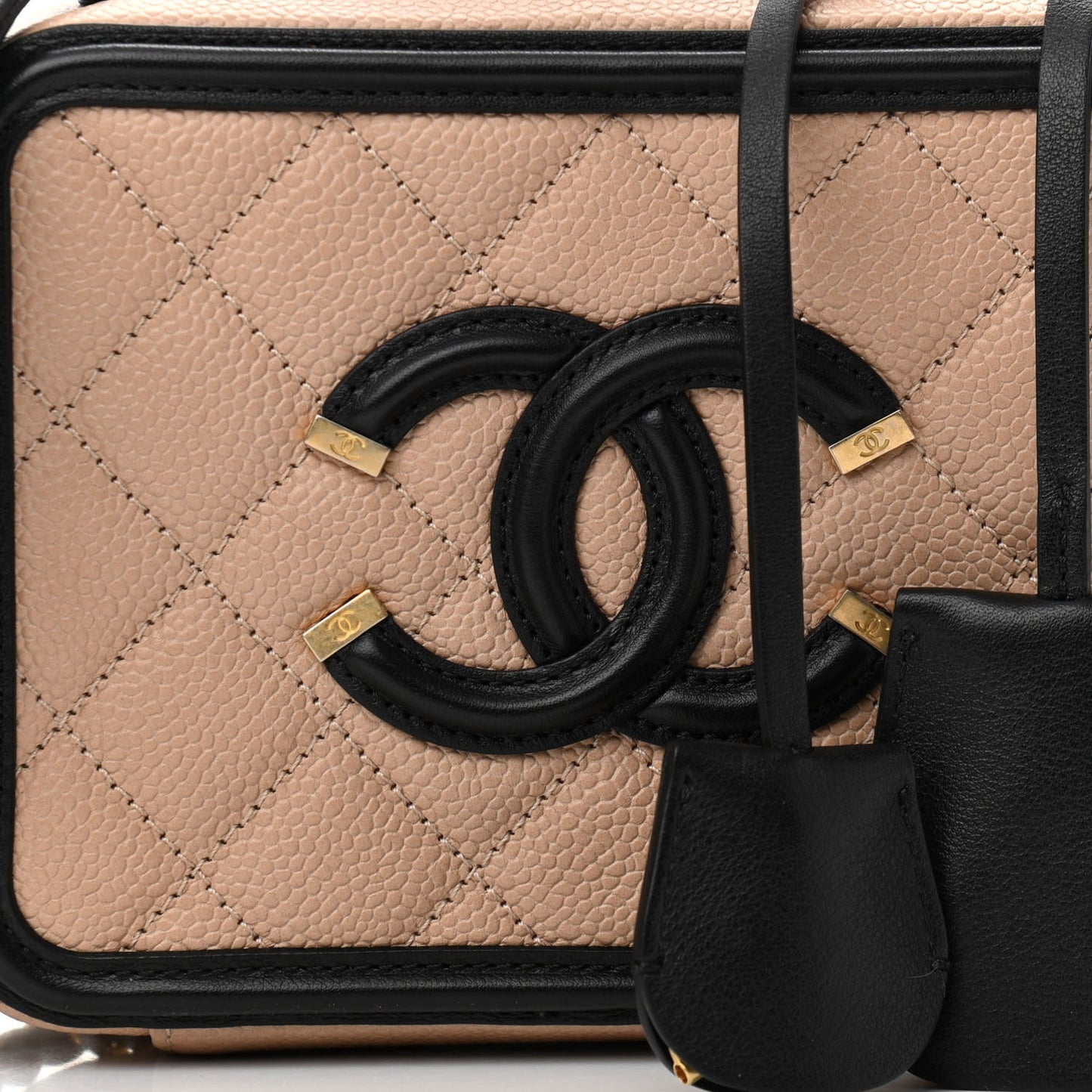 Caviar Quilted Small CC Filigree Vanity Case Beige Black