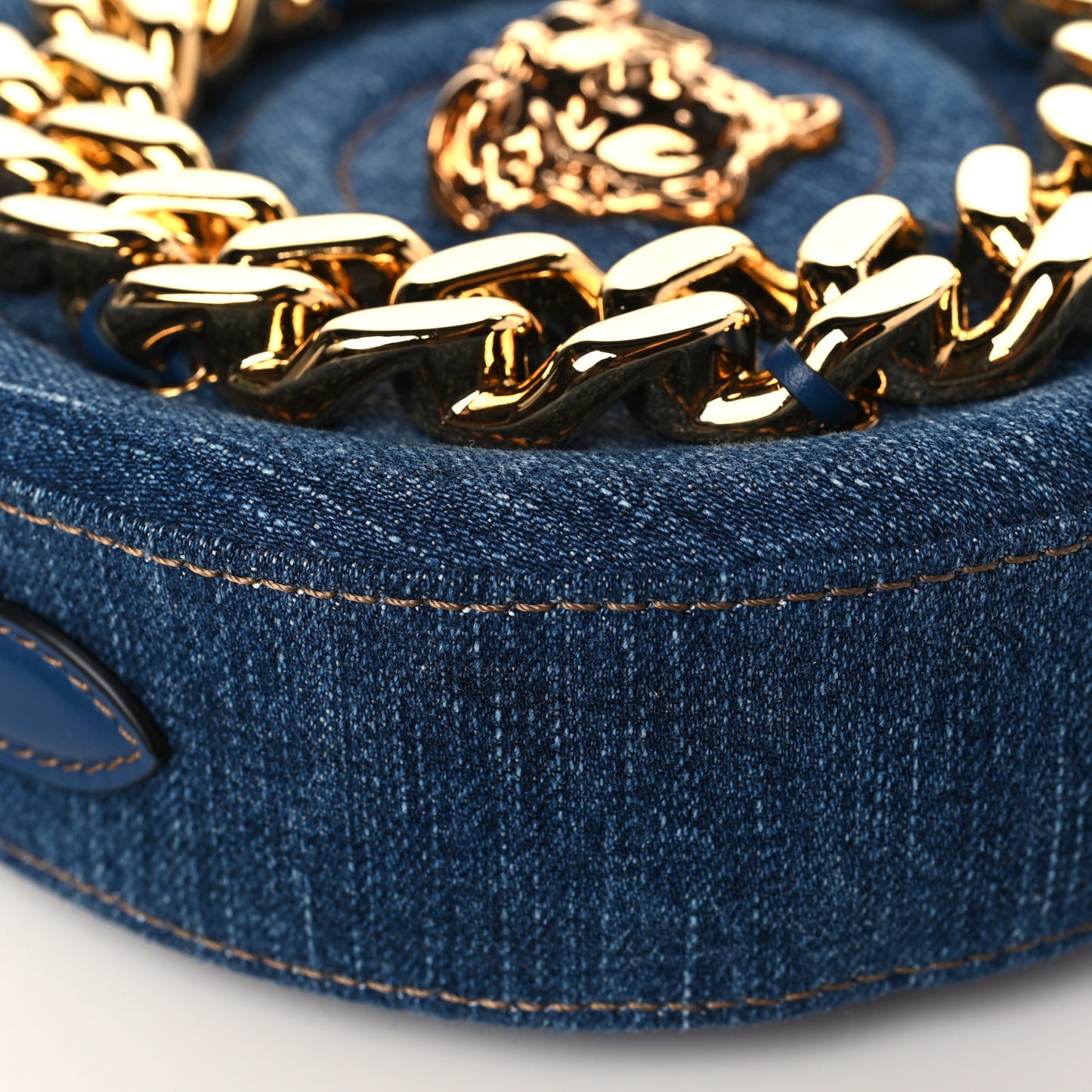 Denim Mini La Medusa Chain Round Crossbody Bag Navy Blue