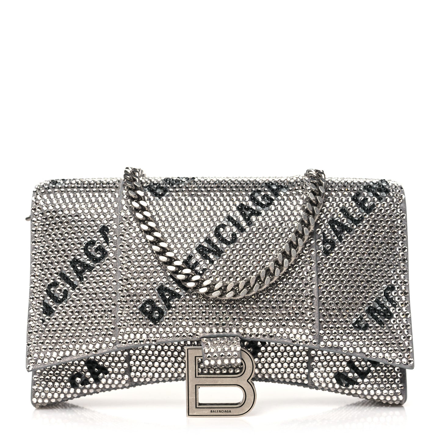 Strass Suede Allover Logo Hourglass Chain Bag Silver Black