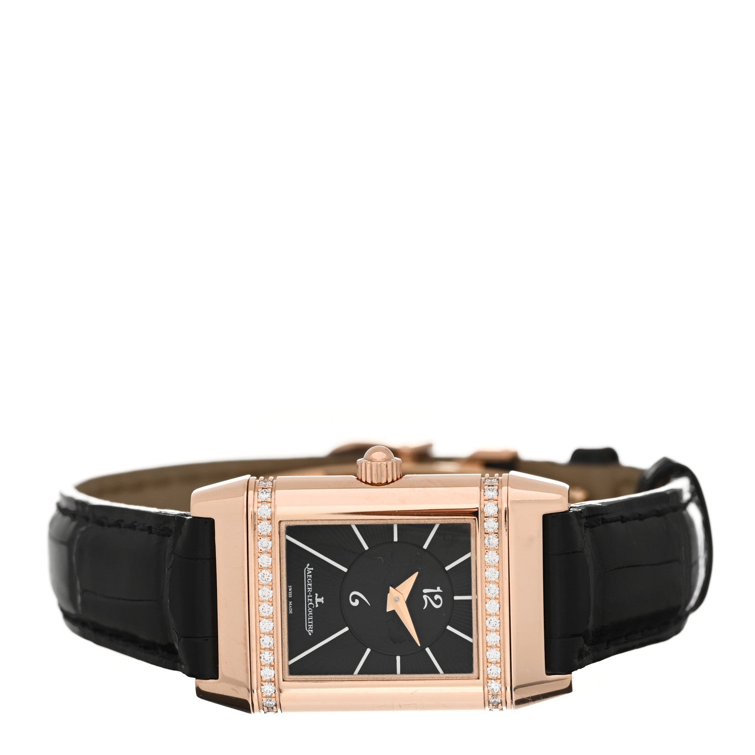 Jaeger-LeCoultre 18K Rose Gold Alligator Diamond 33mm Reverso Classic Duetto Manual Winding Watch Black Q2662420 2 of 7