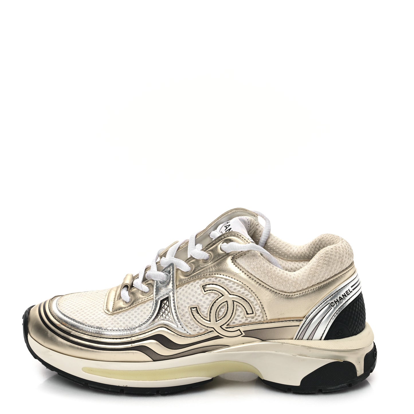 Fabric Laminated Calfskin Stretch CC Sneakers 38 White Gold Silver