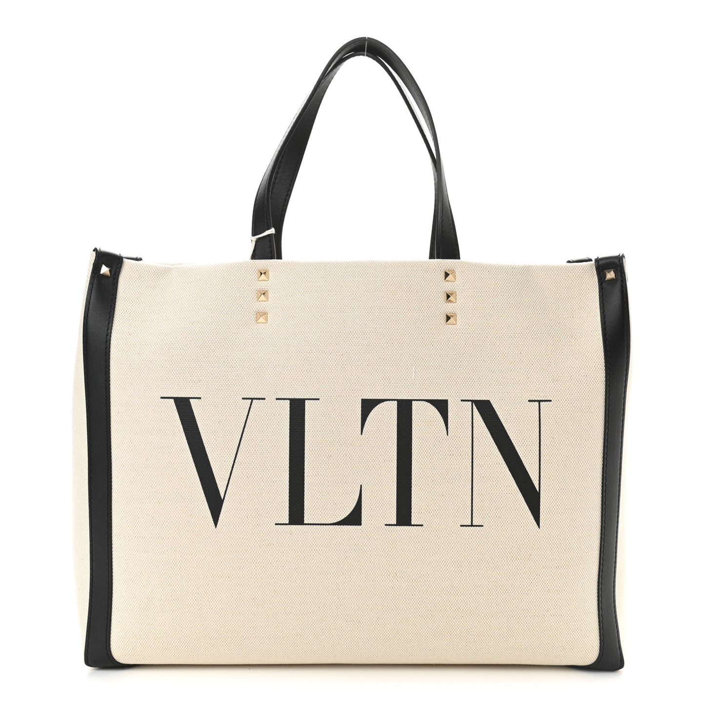 Canvas Calfskin VLTN Print Small Rockstud Tote Naturale Black