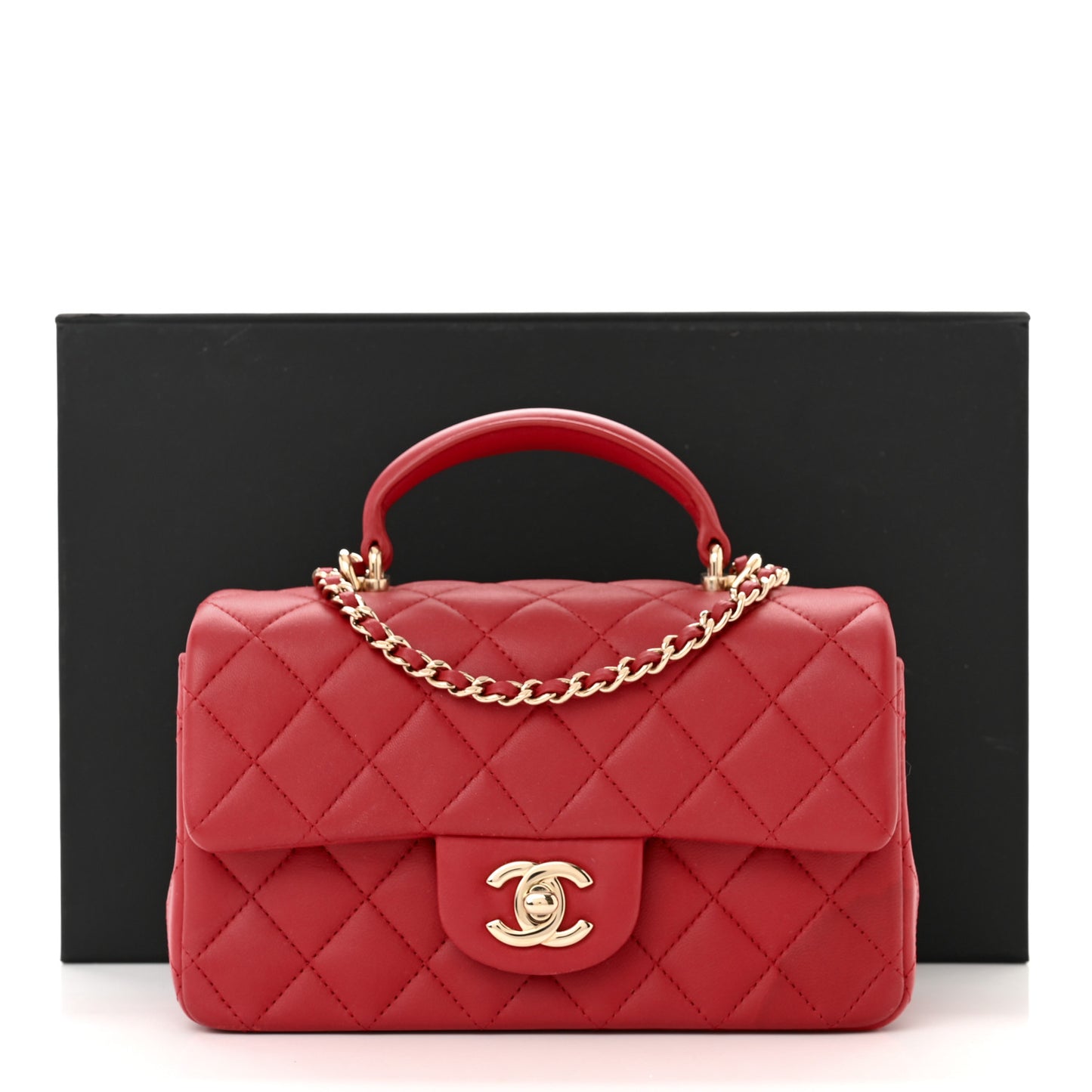 Lambskin Quilted Mini Top Handle Rectangular Flap Red