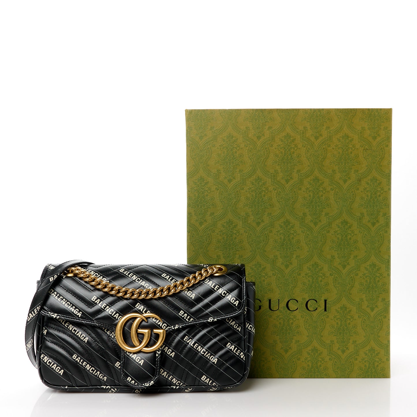 X BALENCIAGA Calfskin Matelasse Logo Print Small GG Marmont Shoulder Bag Black