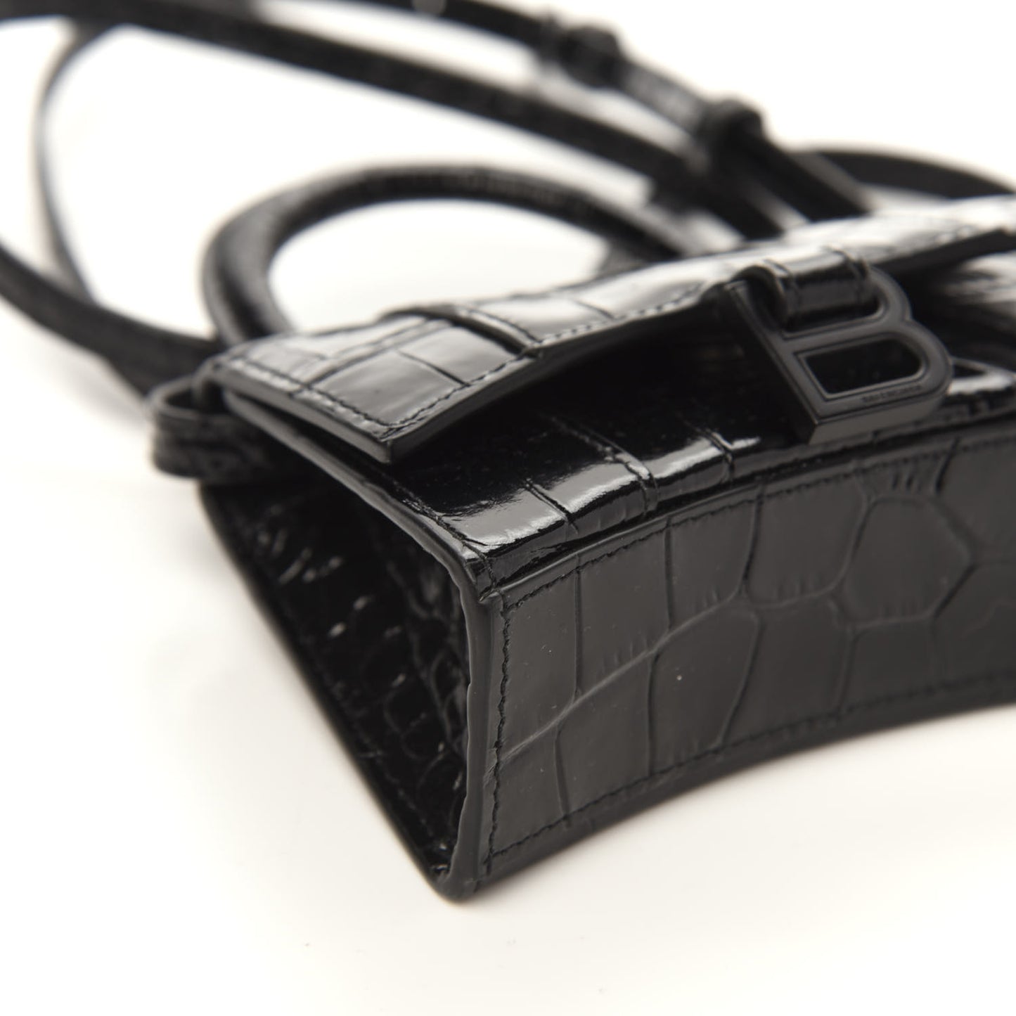 Shiny Calfskin Monochrome Crocodile Embossed Hourglass Top Handle Bag Mini Black
