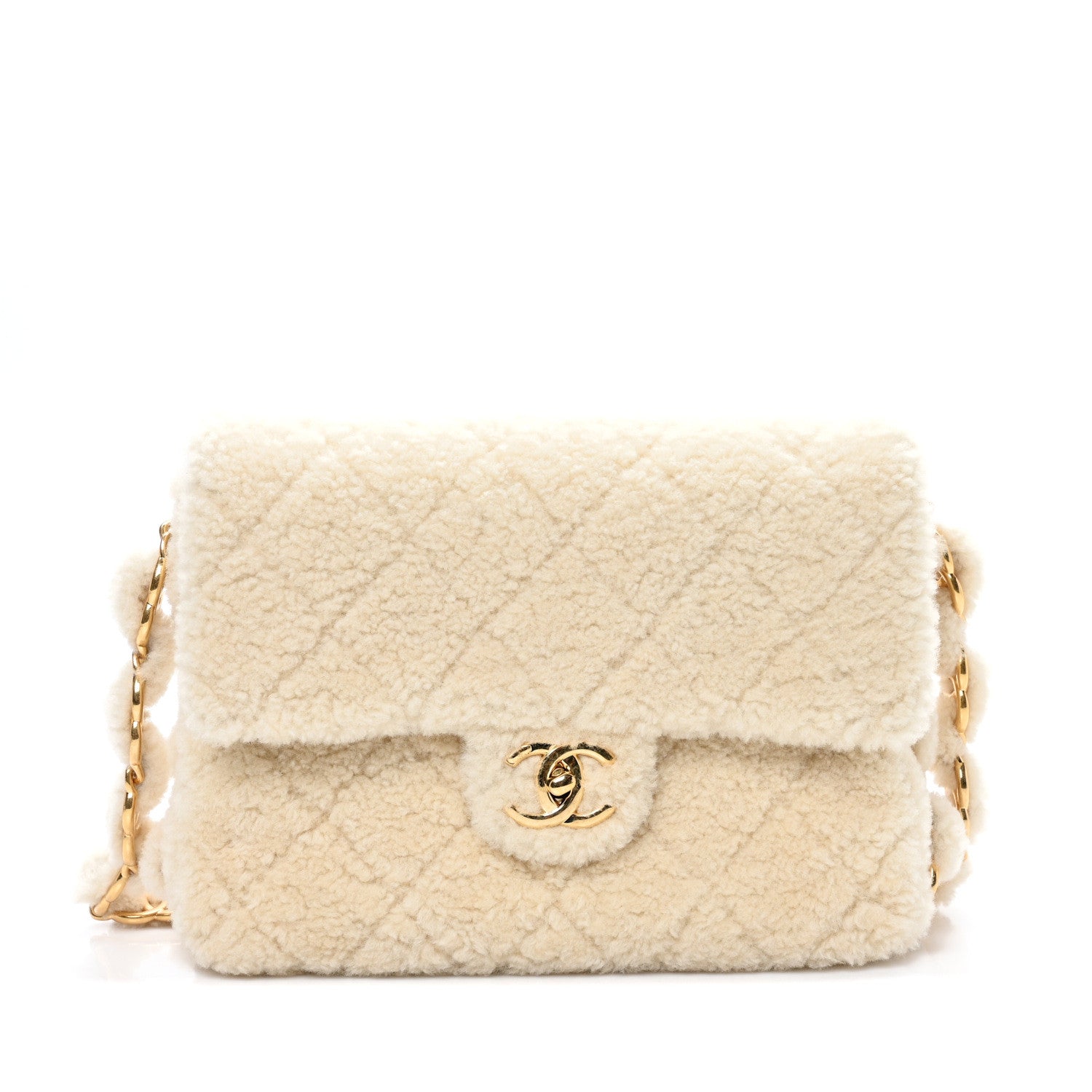 Chanel Shearling Lambskin Quilted CC Chain Medium Flap Ecru