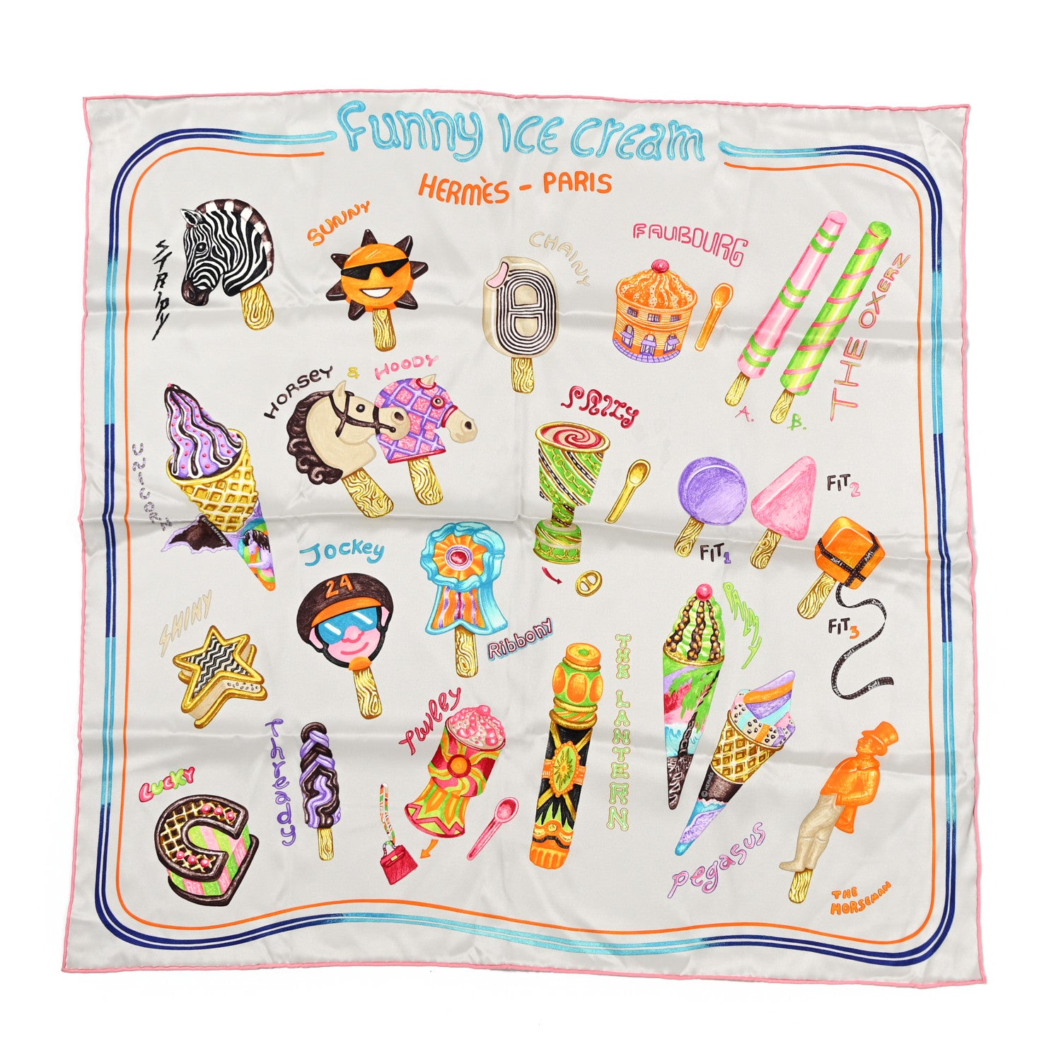 Hermes Silk Funny Ice Cream Scarf 70 Gris Perle Rose Multicolor