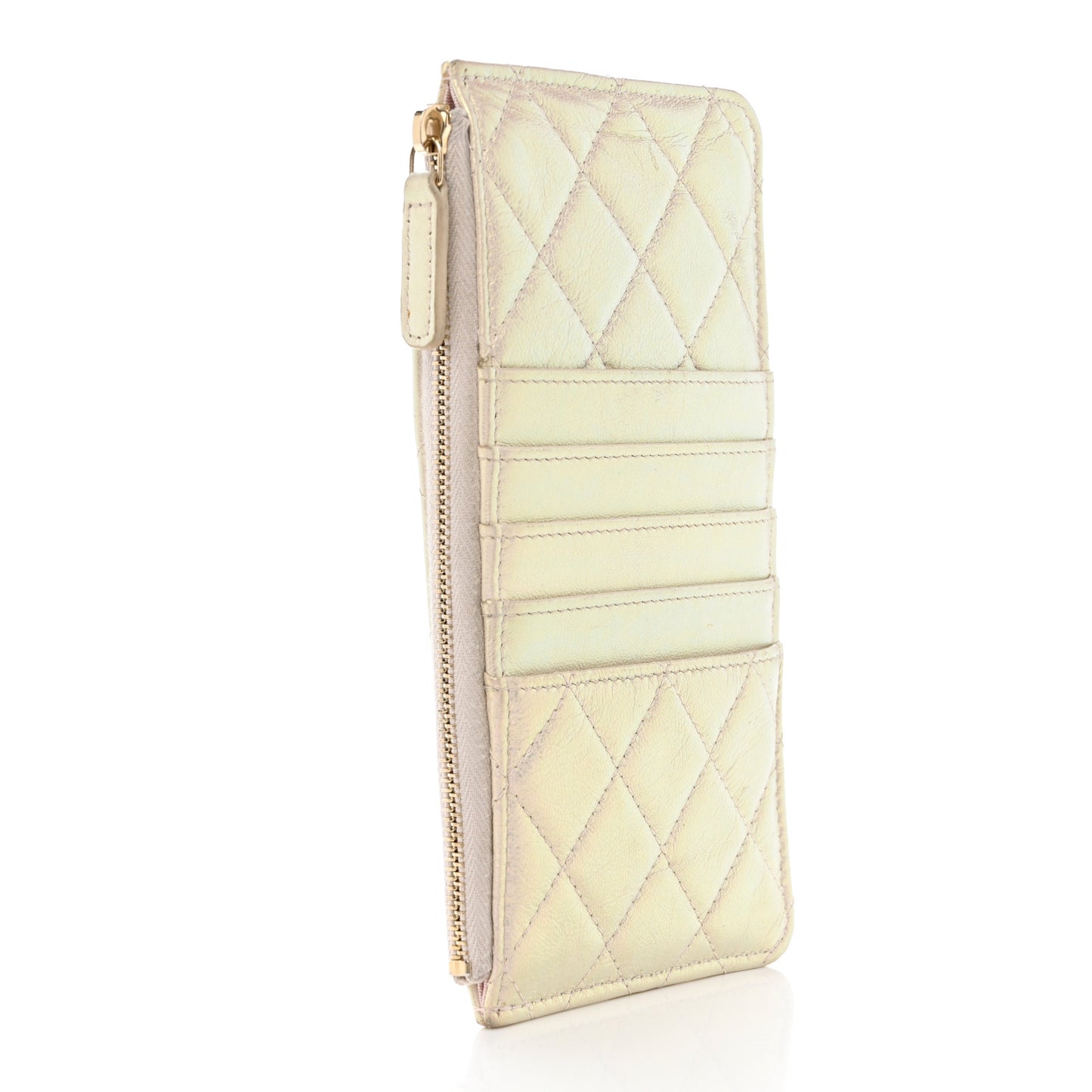 Iridescent Lambskin Quilted Classic Flat Wallet Pouch Ivory