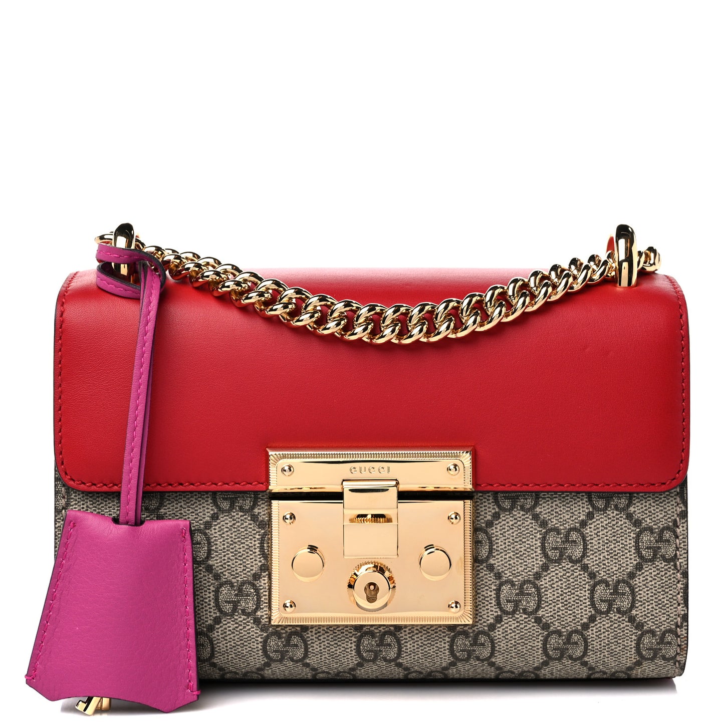 GG Supreme Monogram Calfskin Small Padlock Shoulder Bag Beige Hibiscus Red New Rosette