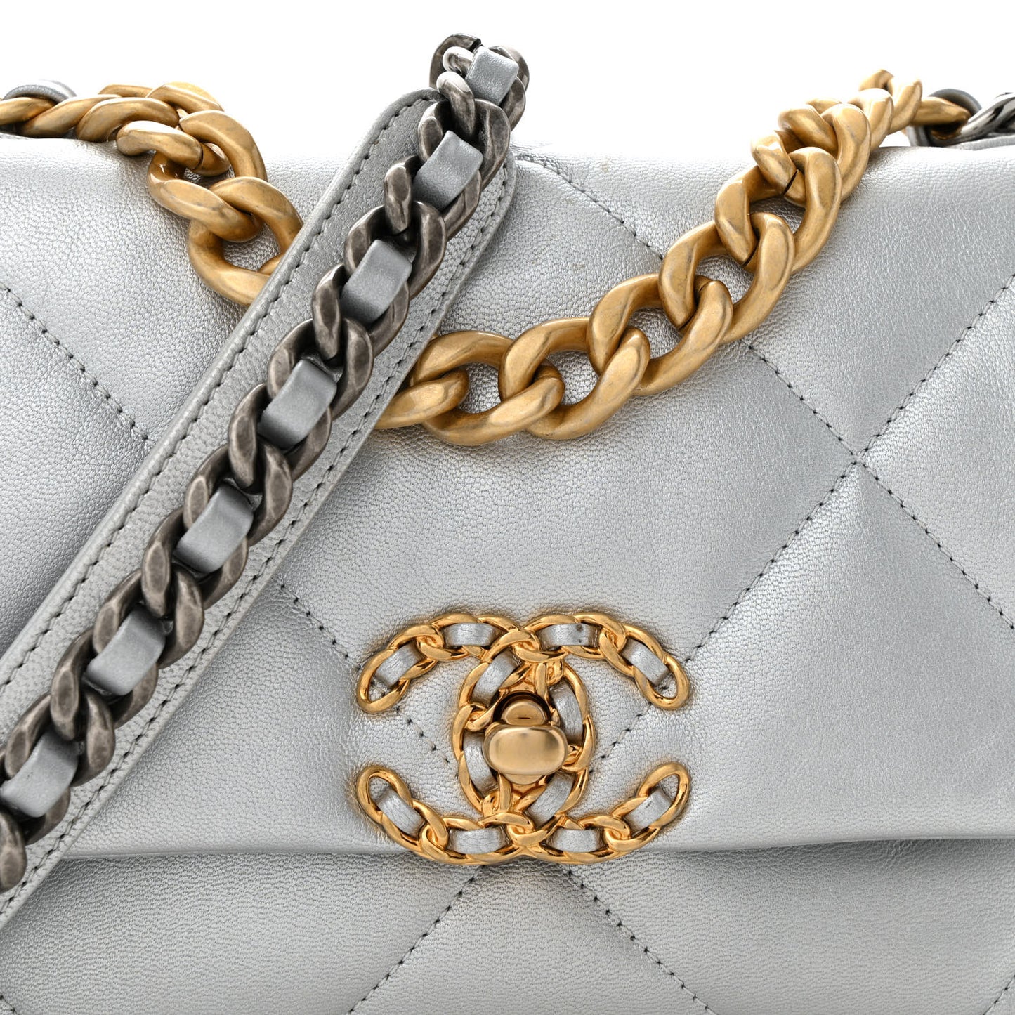 Metallic Lambskin Quilted Medium Chanel 19 Flap Silver
