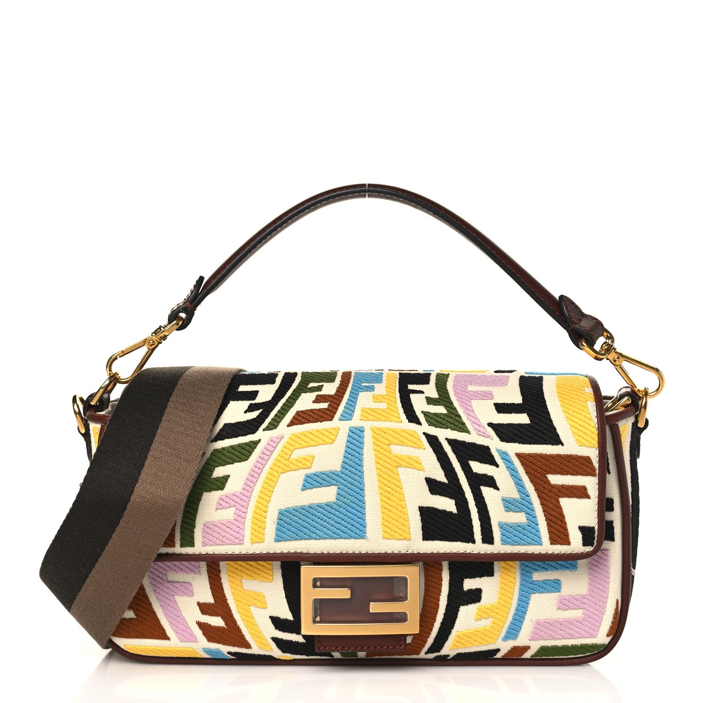X SARA COLEMAN Canvas Vitello King Seta FF Fish Eye Embroidered Baguette Grezzo Multicolor Ghianda