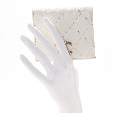 Caviar Metal Perforated Quilted CC Compact Bi-Fold Flap Wallet White Pink