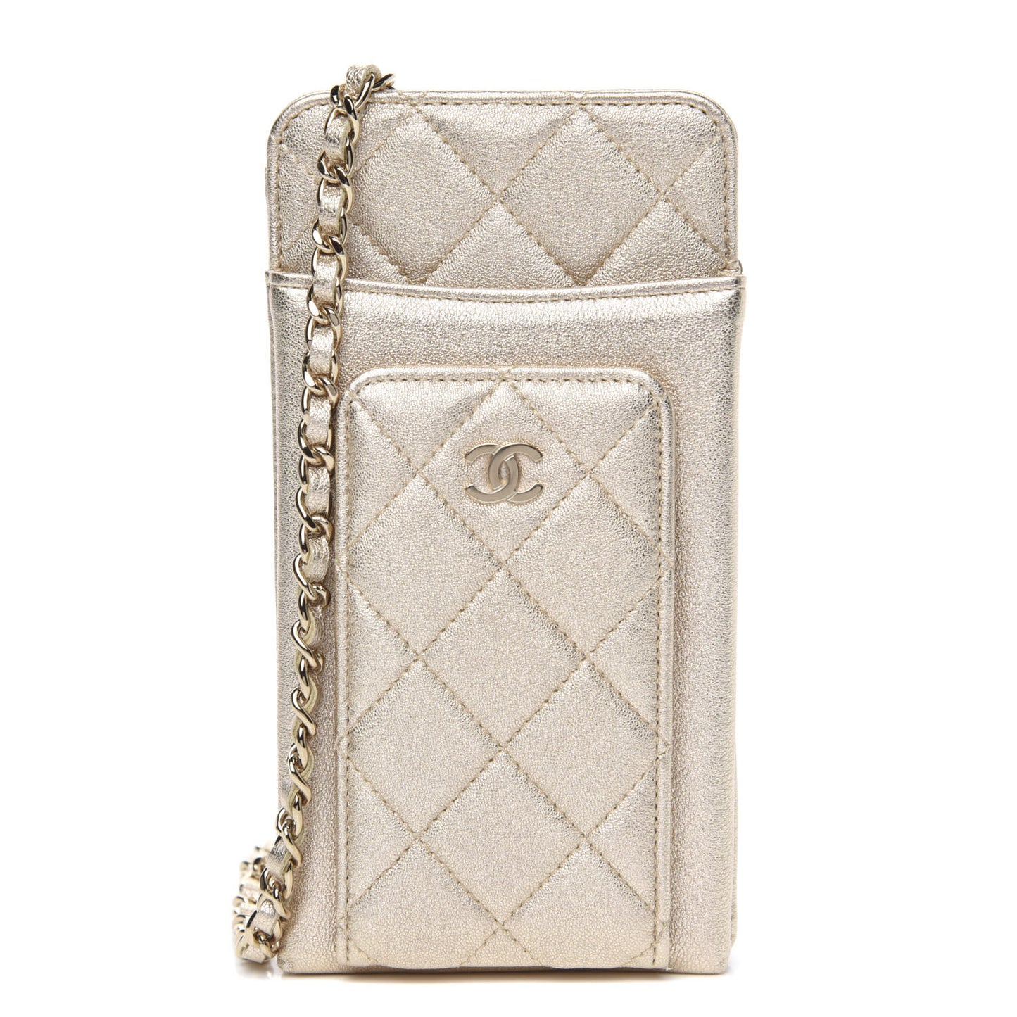 Metallic Lambskin Quilted Zip Phone Case Gold