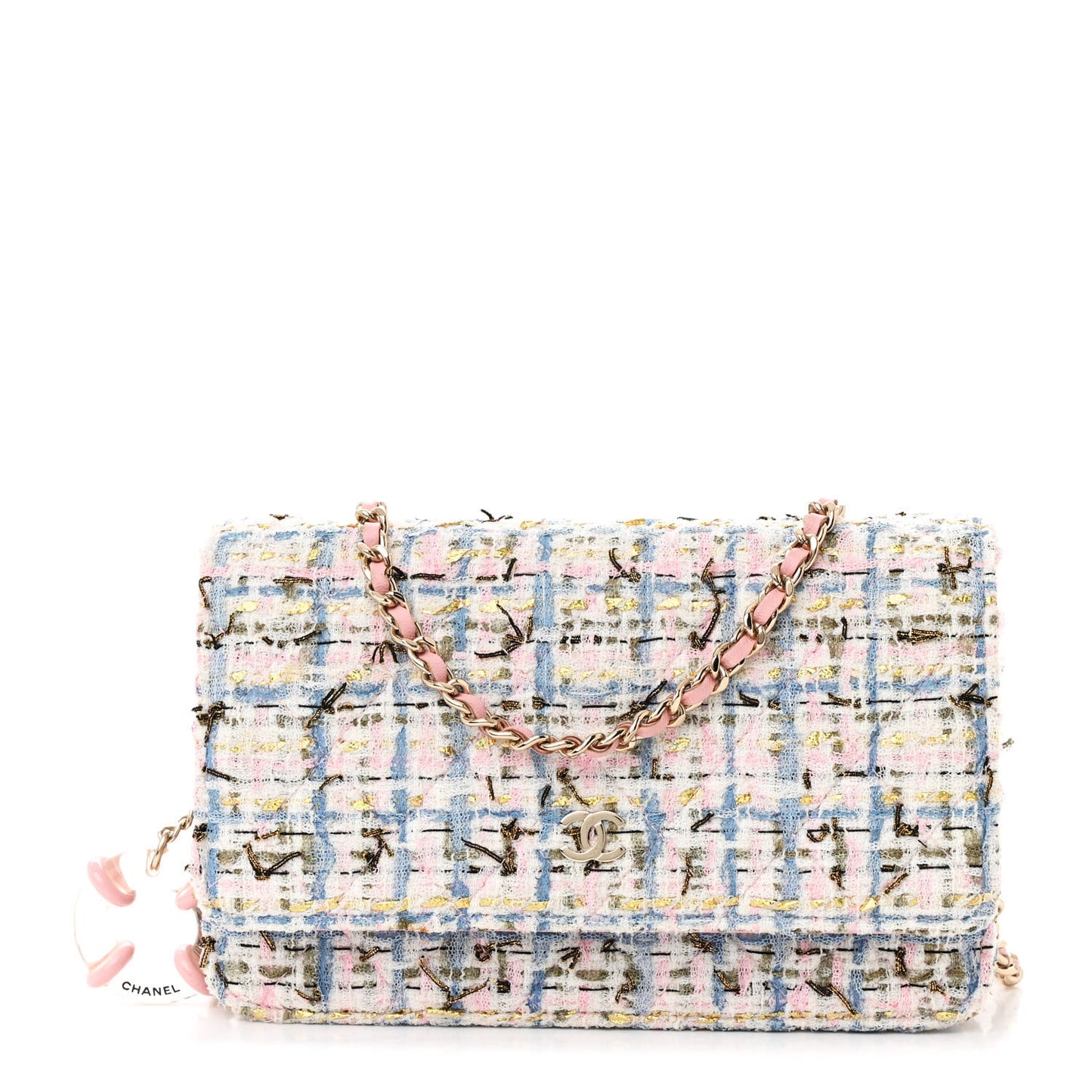 Tweed Quilted Wallet On Chain WOC Blue Pink Gold