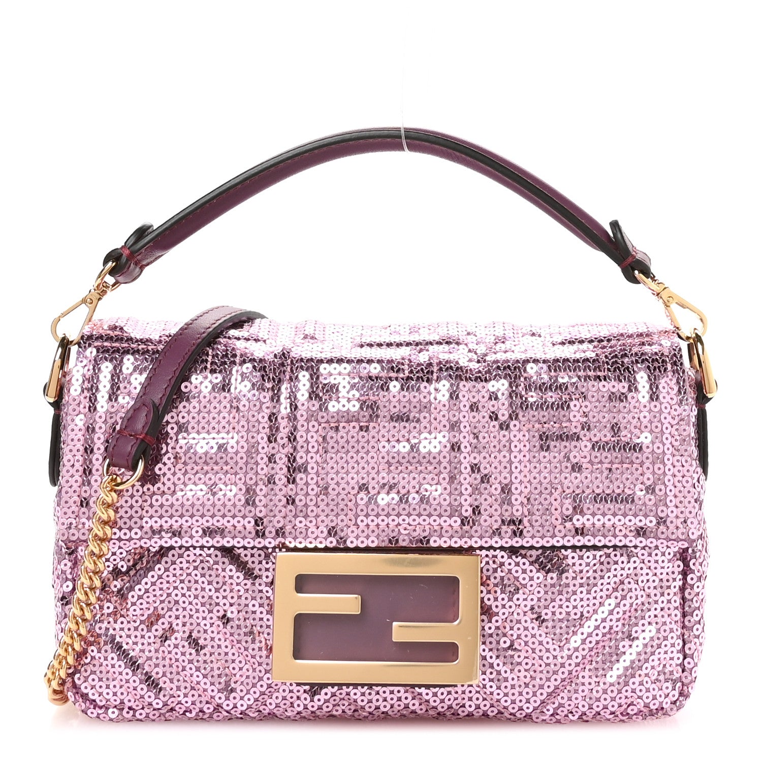 Fendi Ricamo Sequin Paillettes Vitello Grace FF Mini Baguette Rosa