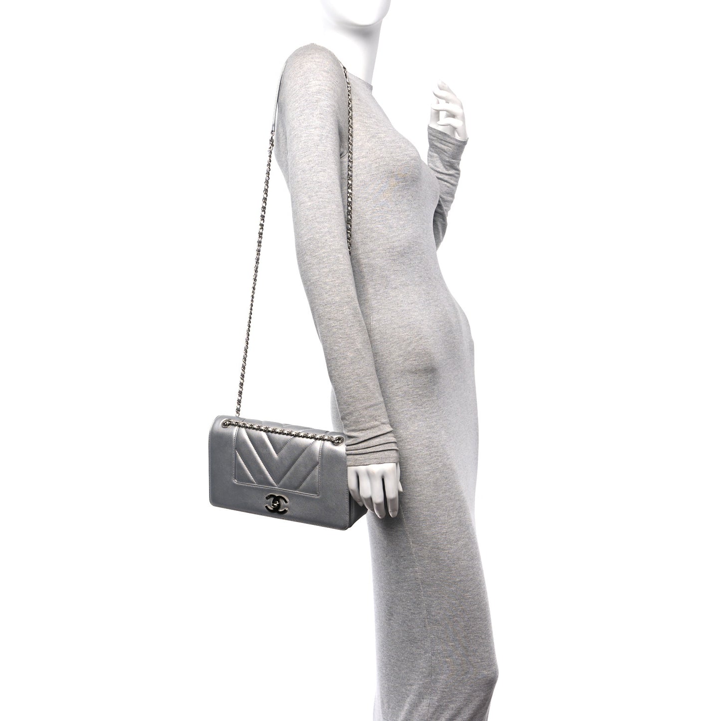 Metallic Sheepskin Chevron Quilted Medium Vintage Mademoiselle Flap Silver