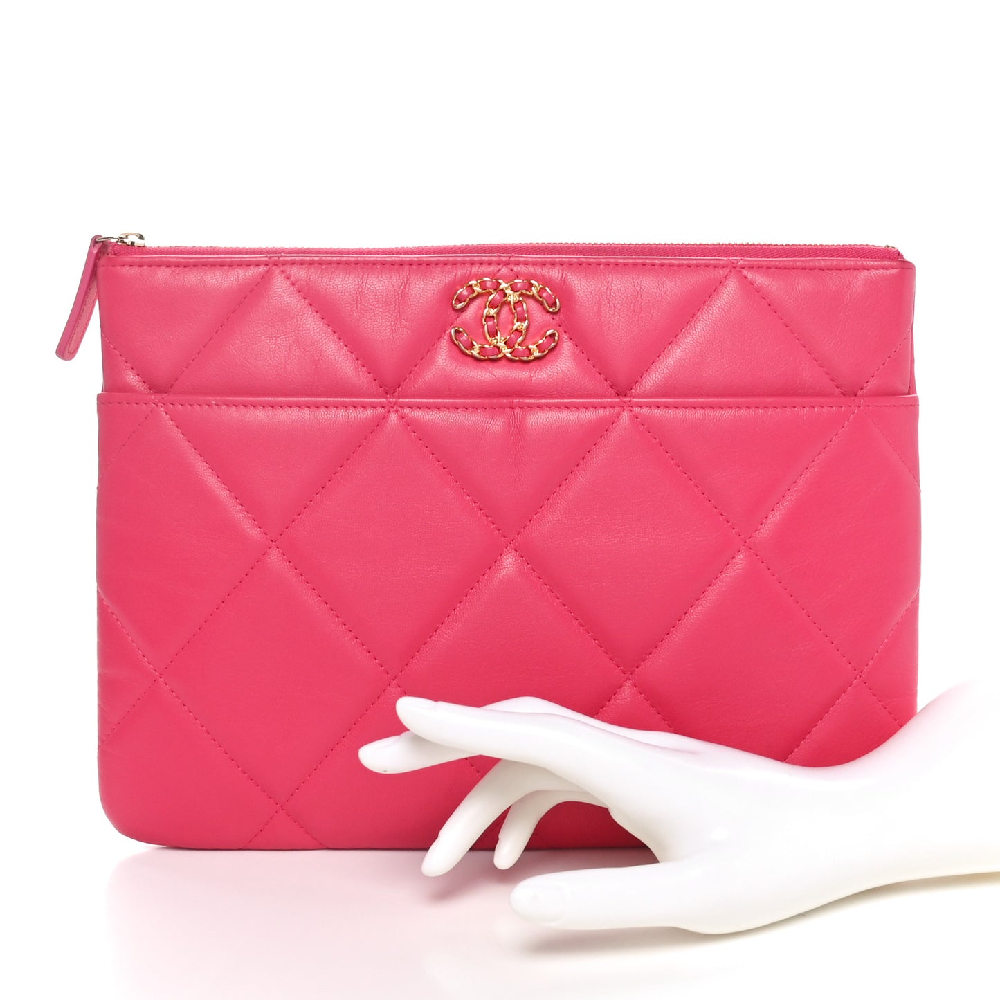 Shiny Goatskin Quilted Chanel 19 Pouch Dark Pink