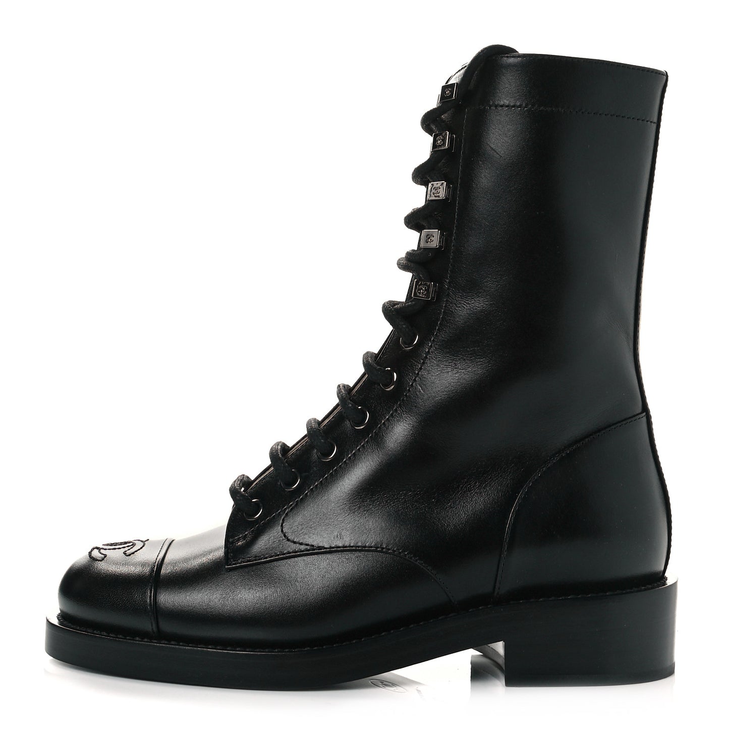 Calfskin Lace Up Combat Boots 36 Black