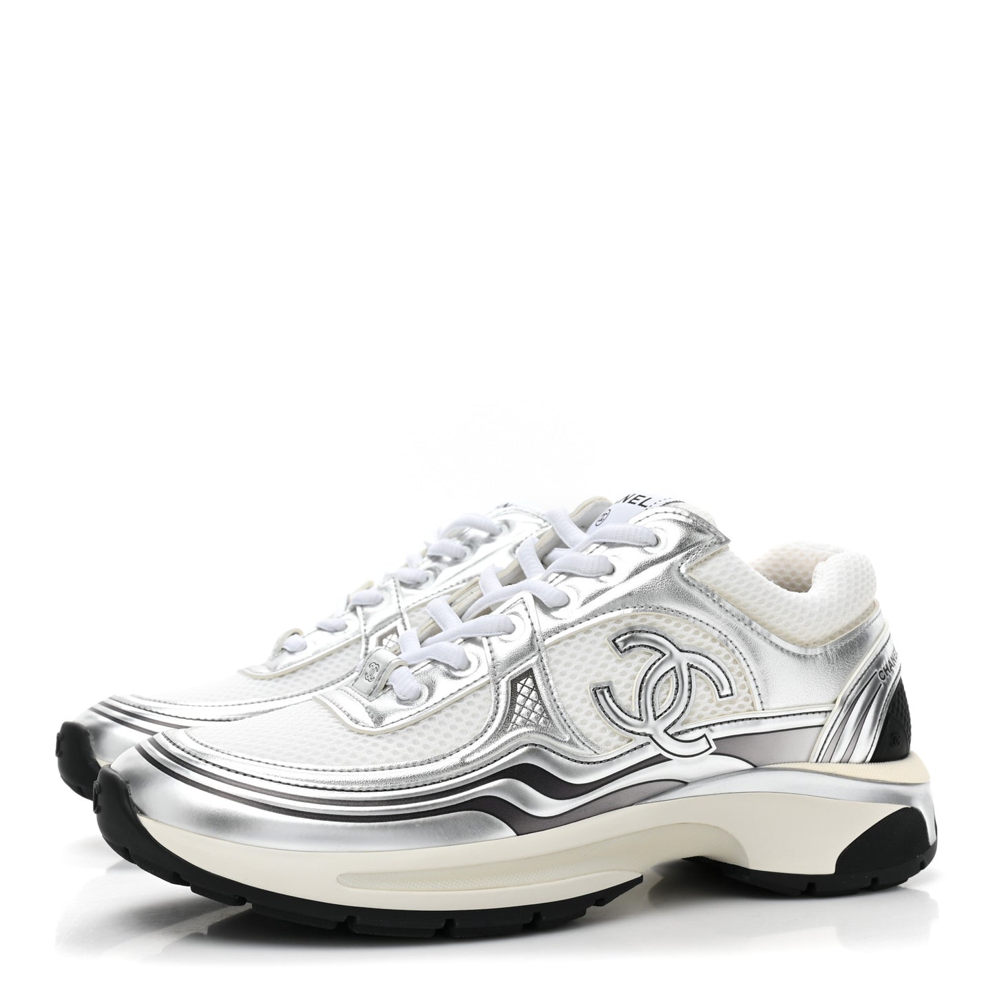 Fabric Laminated Calfskin Stretch CC Womens Sneakers 38.5 White Silver