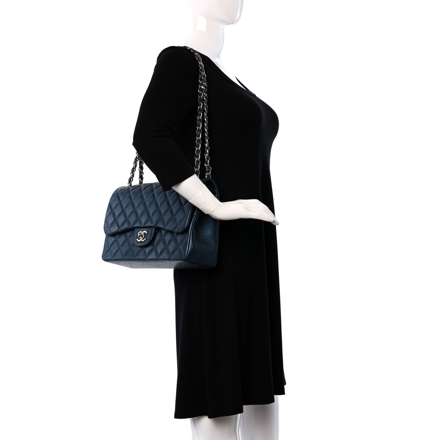 Metallic Caviar Quilted Jumbo Double Flap Dark Blue