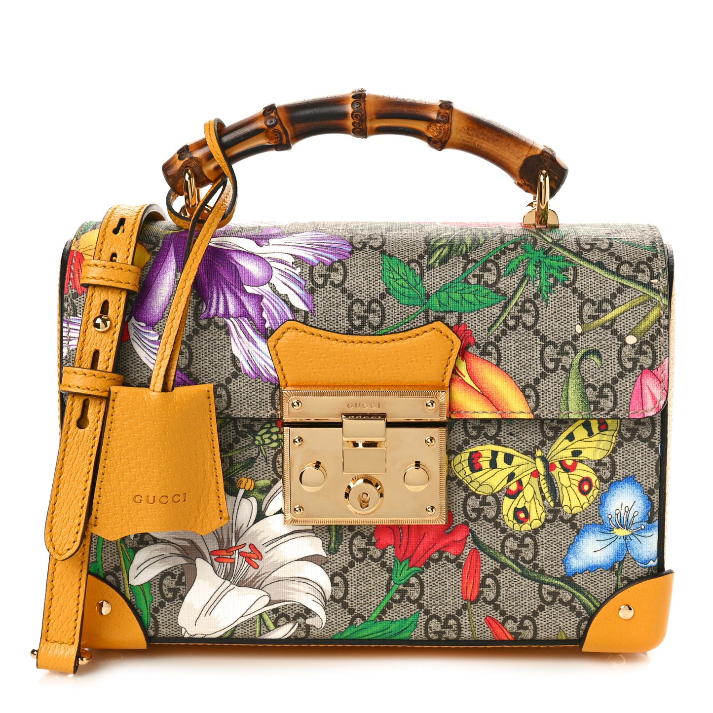 GG Supreme Monogram Flora Small Padlock Bamboo Shoulder Bag Beige Multicolor Crop