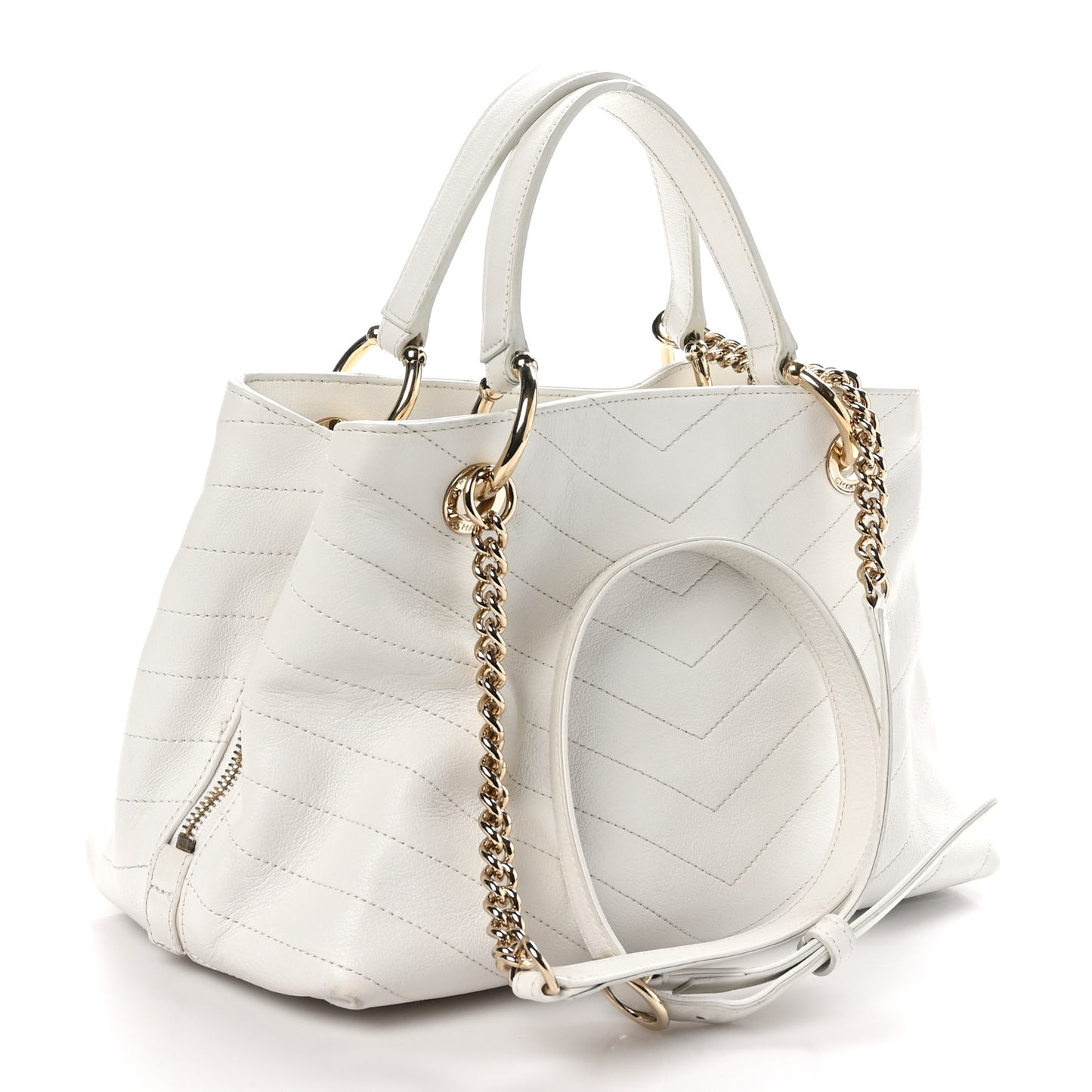 Calfskin Stitched Large Chevron Chic Shopping Bag White