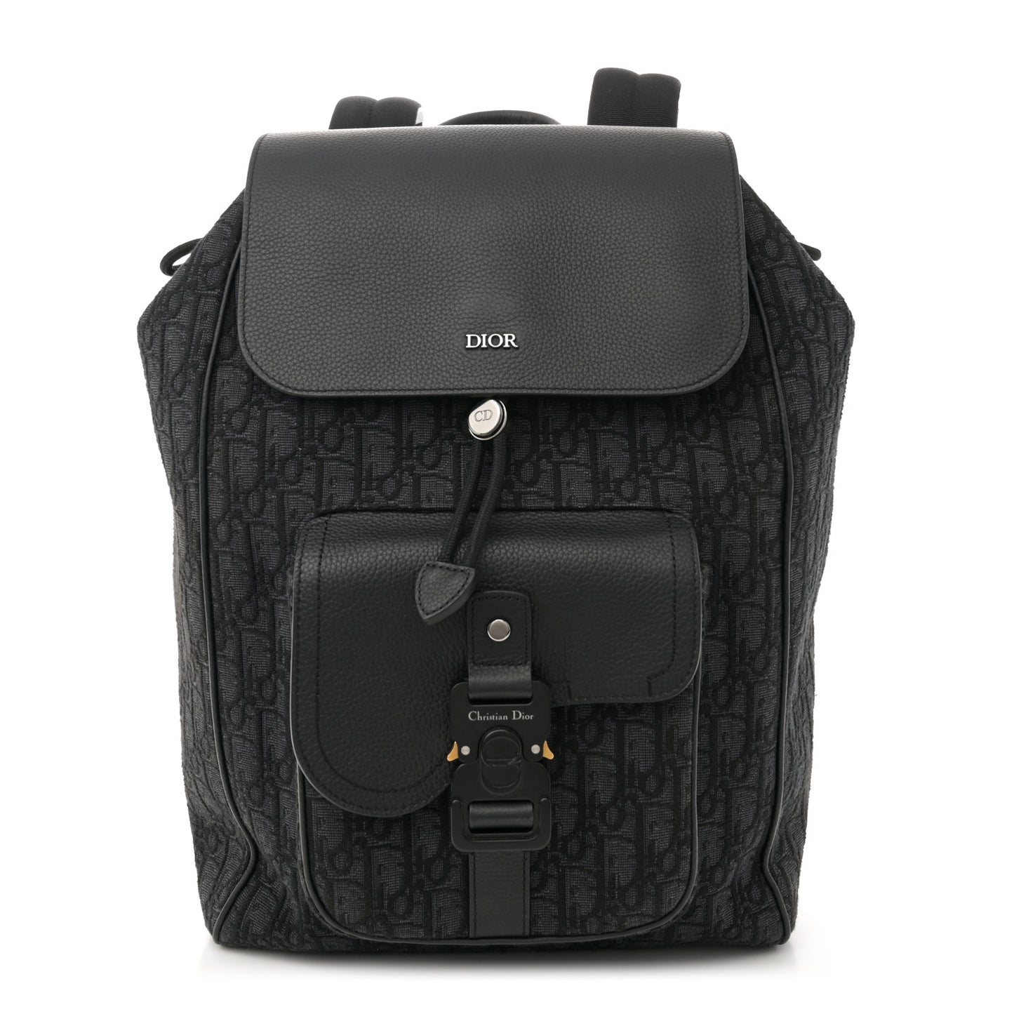 Oblique Jacquard Grained Calfskin Saddle Backpack With Flap Black