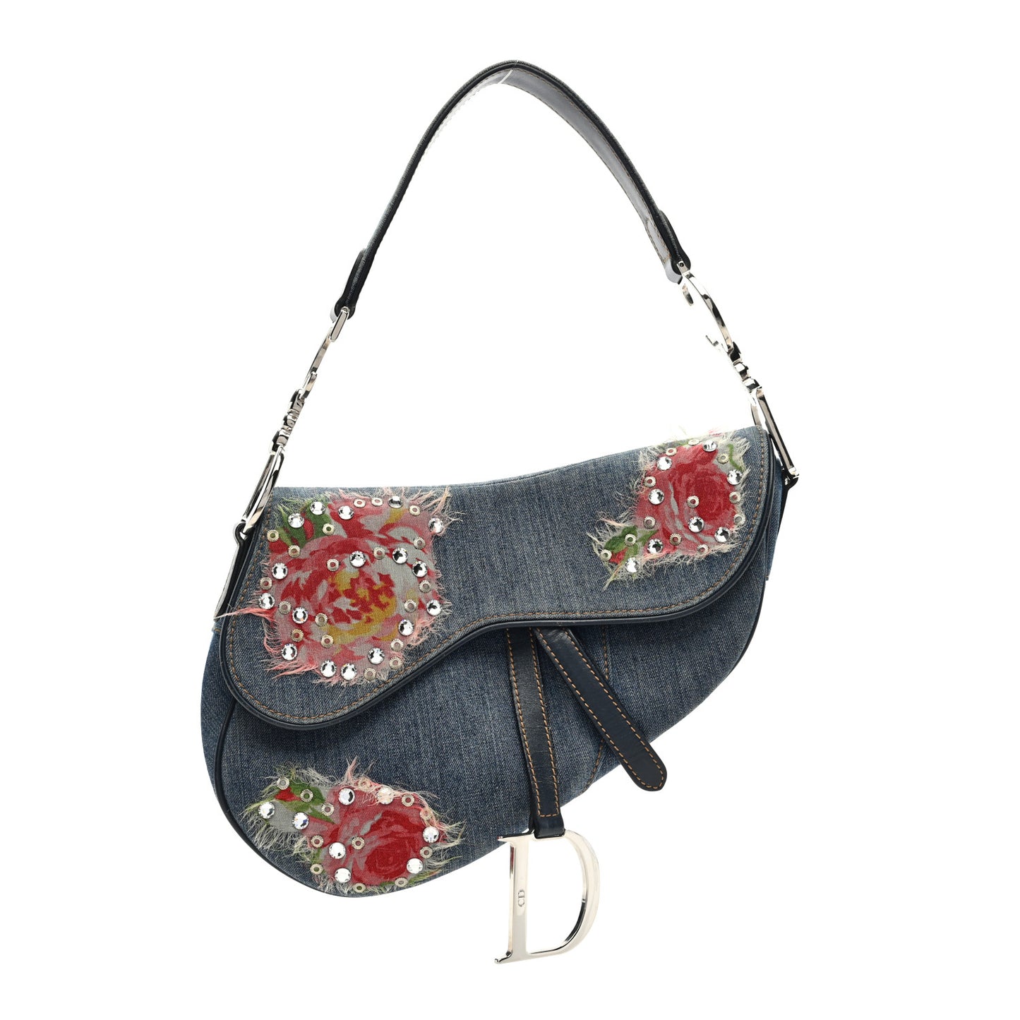 Denim Crystal Floral Embroidered Saddle Bag Multicolor