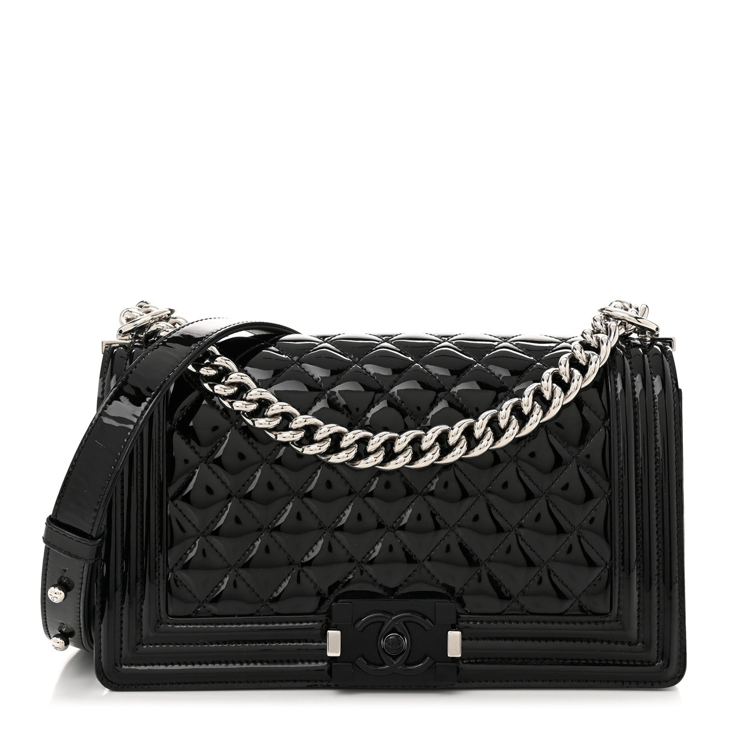 Patent Calfskin Quilted Medium Plexiglass Boy Flap Black