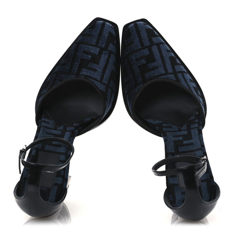 Chenille Jacquard FF Cut Baguette Ankle Strap 105mm Pumps 38 Black Blue