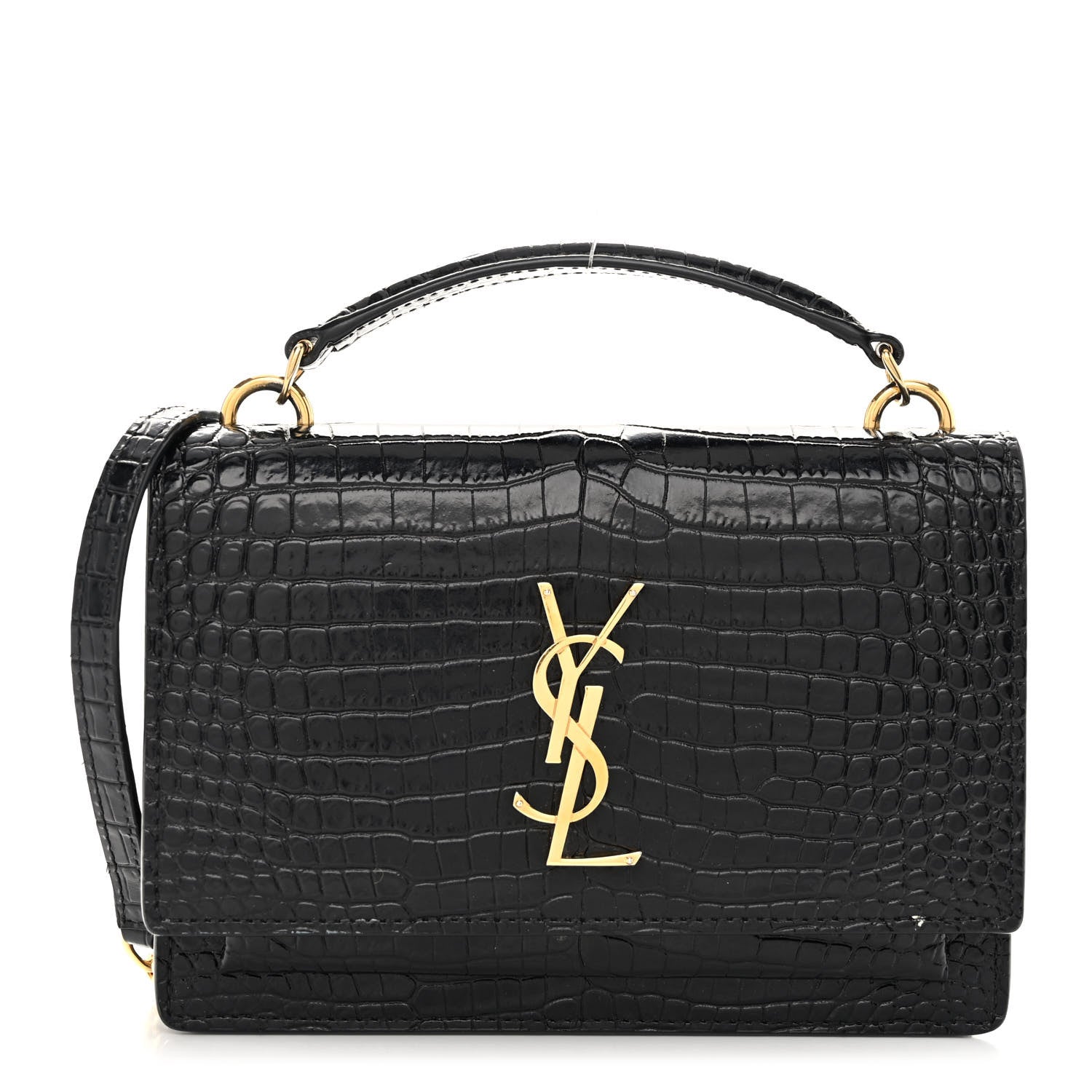 Saint Laurent Calfskin Crocodile Embossed Monogram Sunset Top Handle Chain Wallet Black 1 of 11