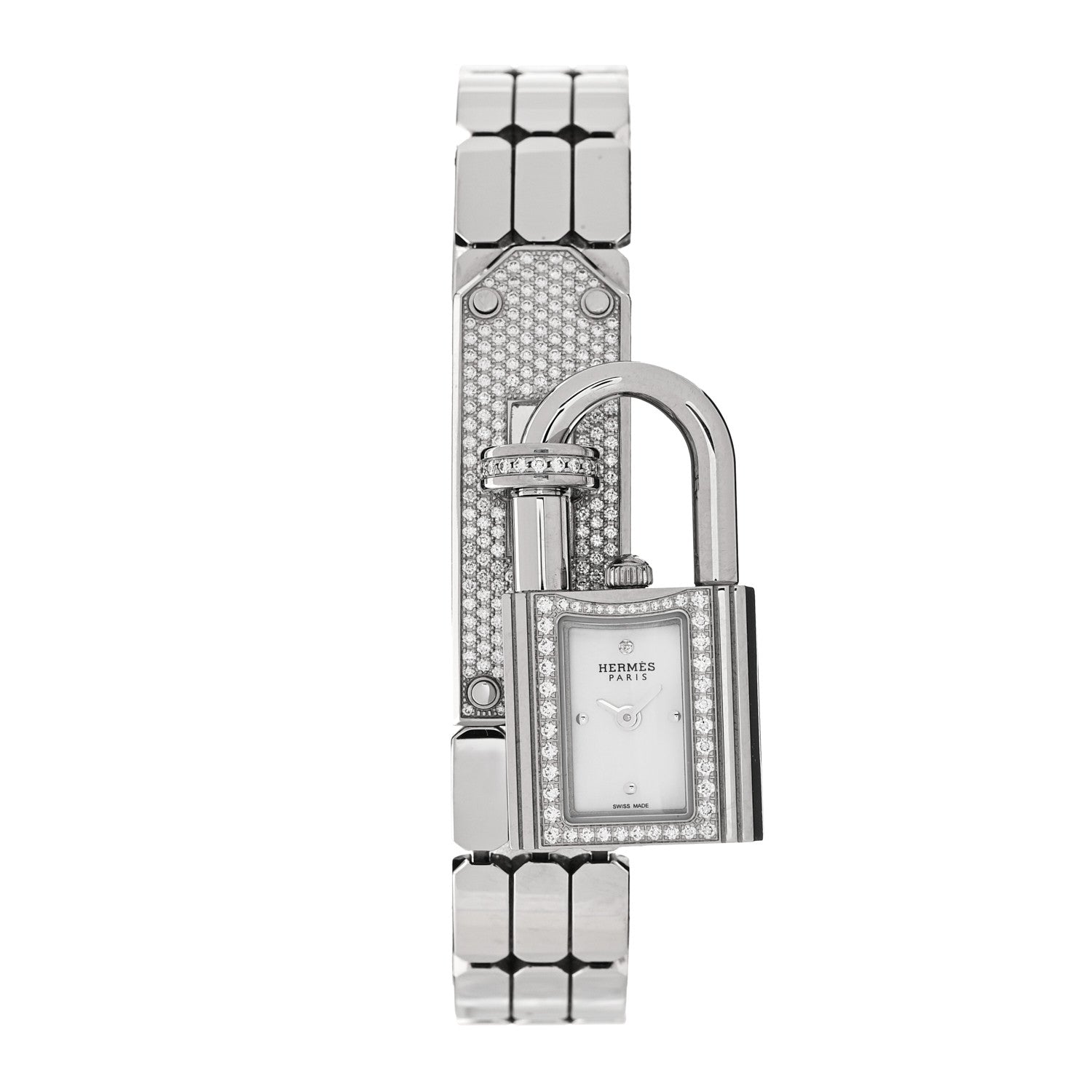 Hermes Stainless Steel Diamond Pave 16mm Kelly Quartz Watch