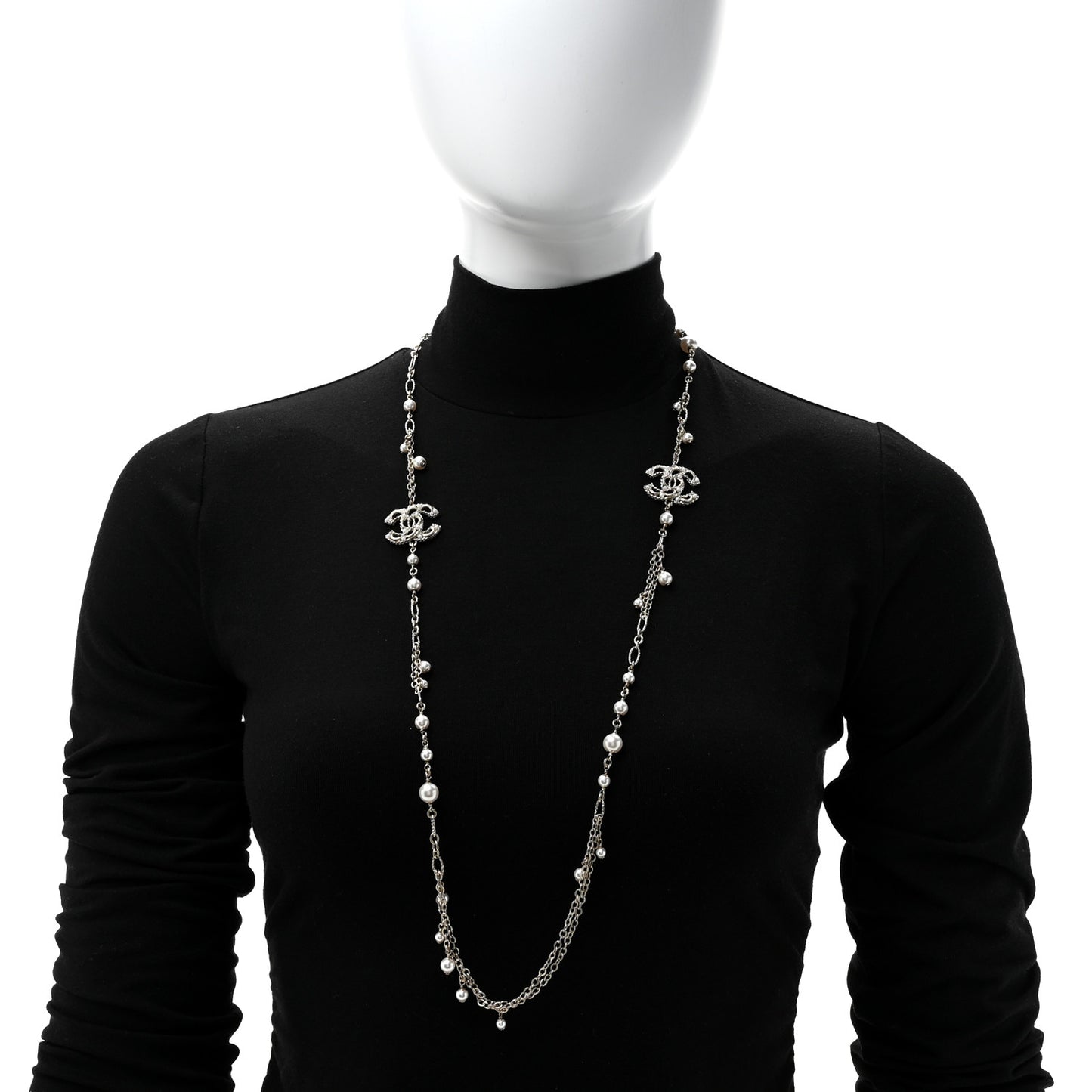 Pearl Crystal CC Long Necklace Light Gold
