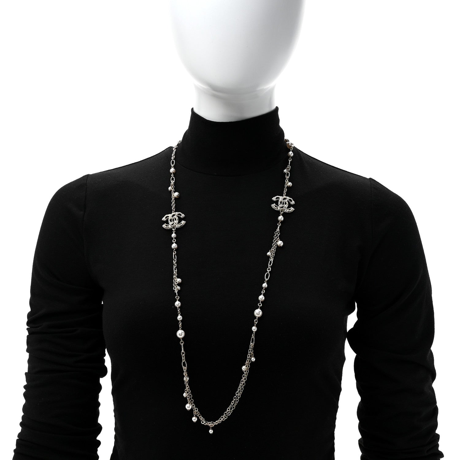 Chanel Pearl Crystal CC Long Necklace Light Gold 3 of 5