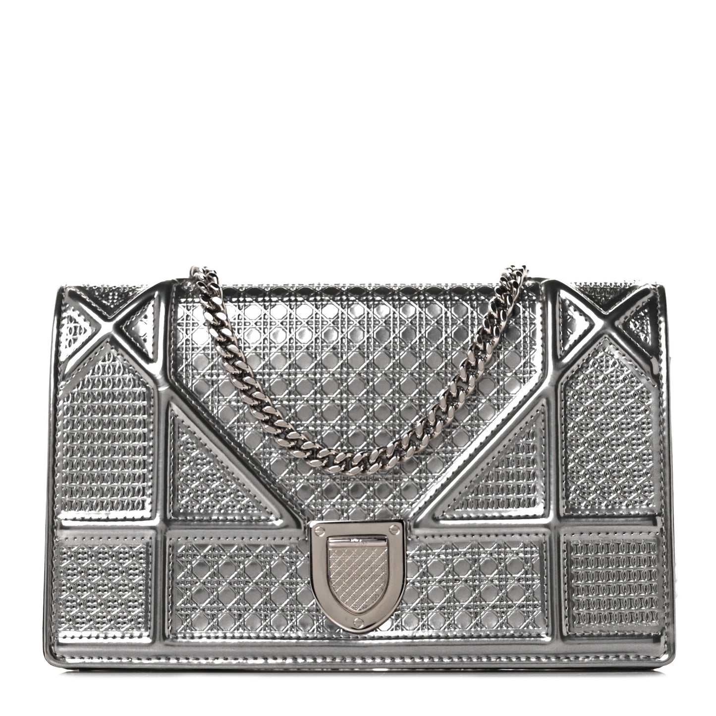 Metallic Patent Micro-Cannage Diorama Wallet on Chain Pouch Silver