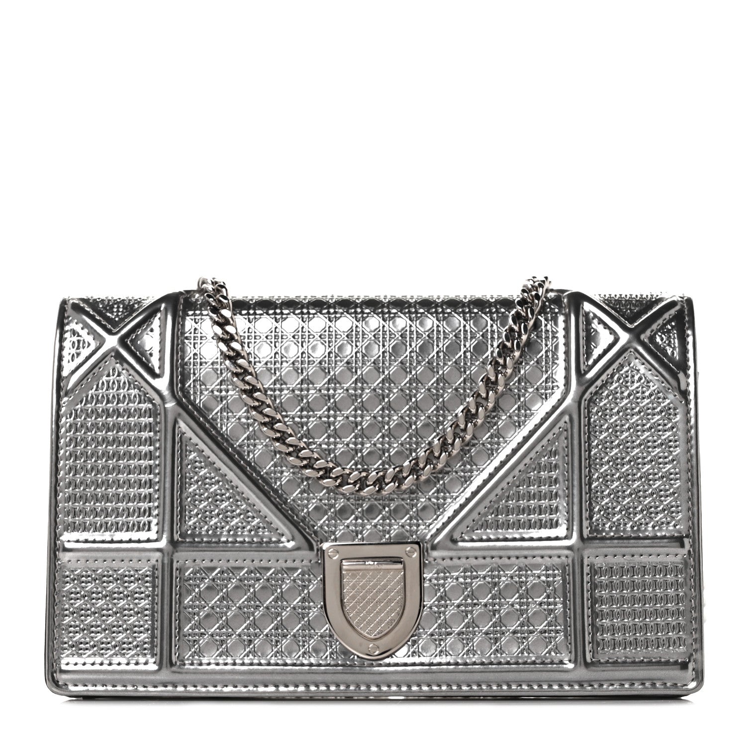 Christian Dior Metallic Patent Micro-Cannage Diorama Wallet on Chain Pouch Silver 1 of 8