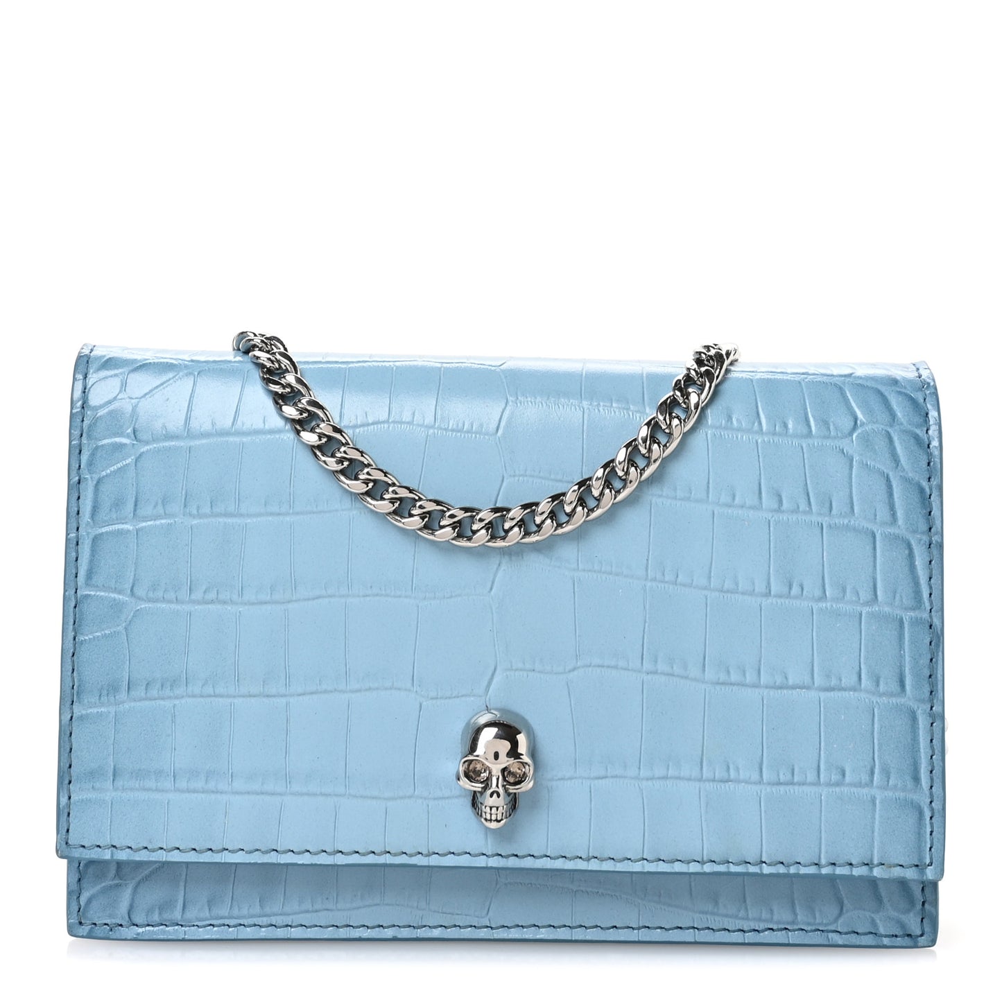 Calfskin Crocodile Embossed Skull Mini Crossbody Bag Blue