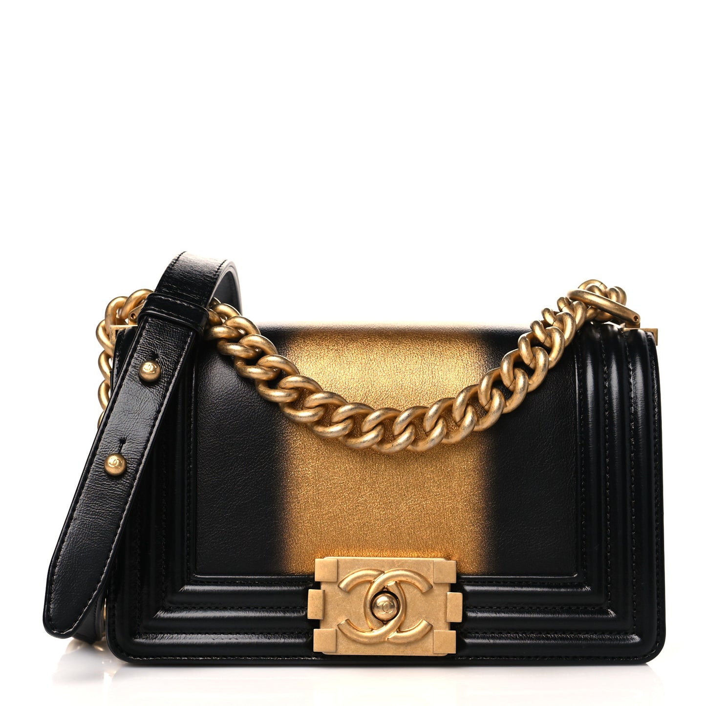 Metallic Glazed Calfskin Medium Boy Flap Black Gold