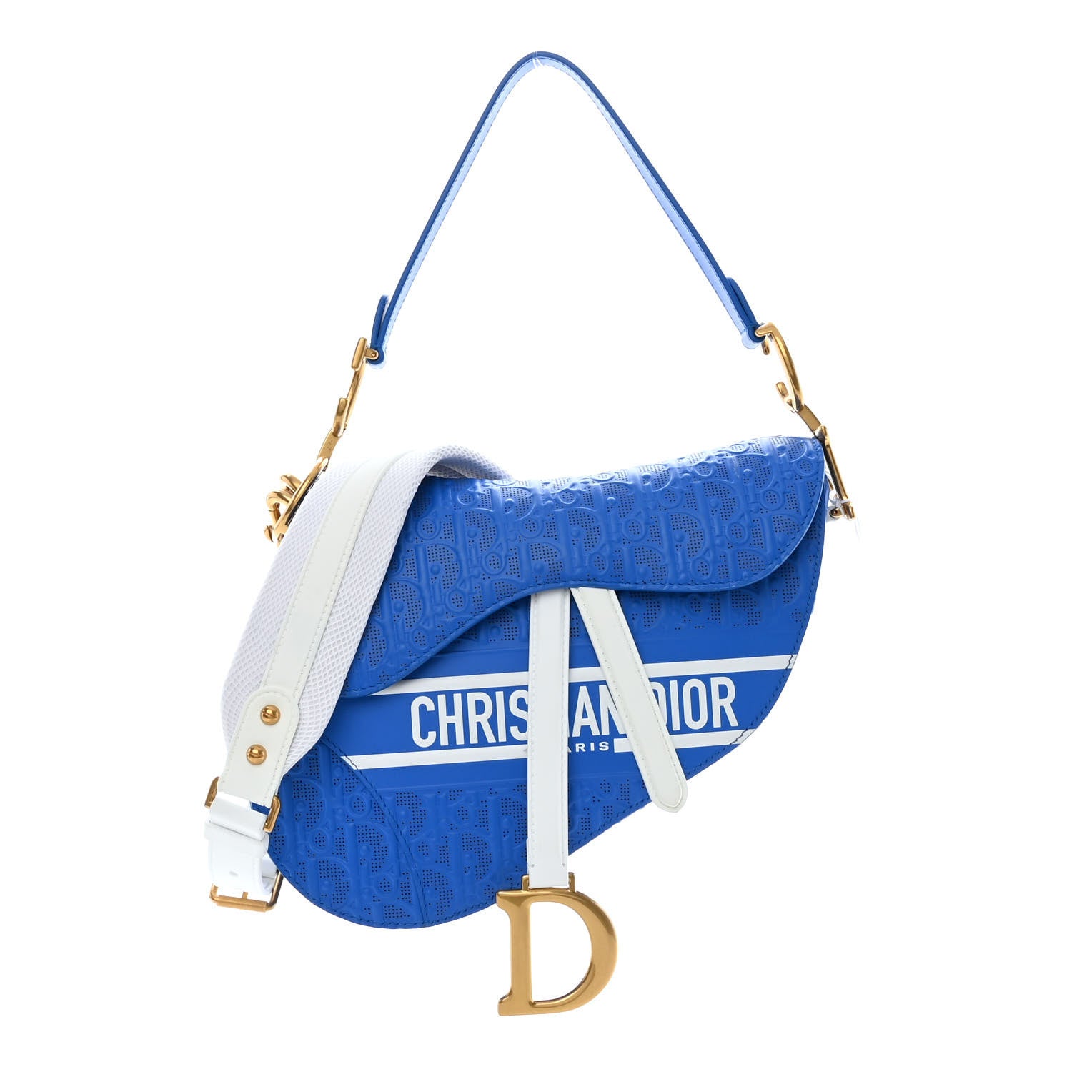 Christian Dior Perforated Calfskin Embossed Oblique Saddle Bag Blue White 1 of 11